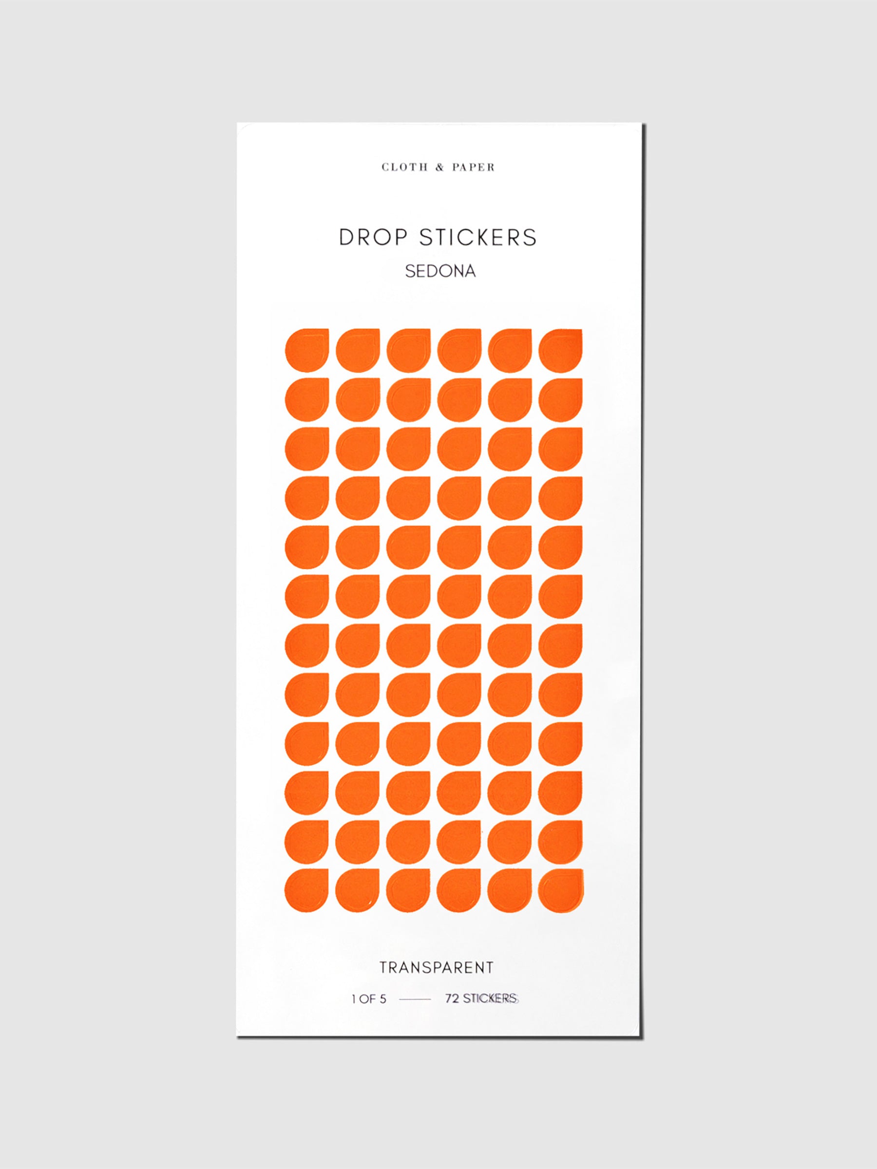 Minimal Shape Sticker Set, Transparent Drops, Sedona, Cloth and Paper. Drop stickers in their packaging on a gray background.