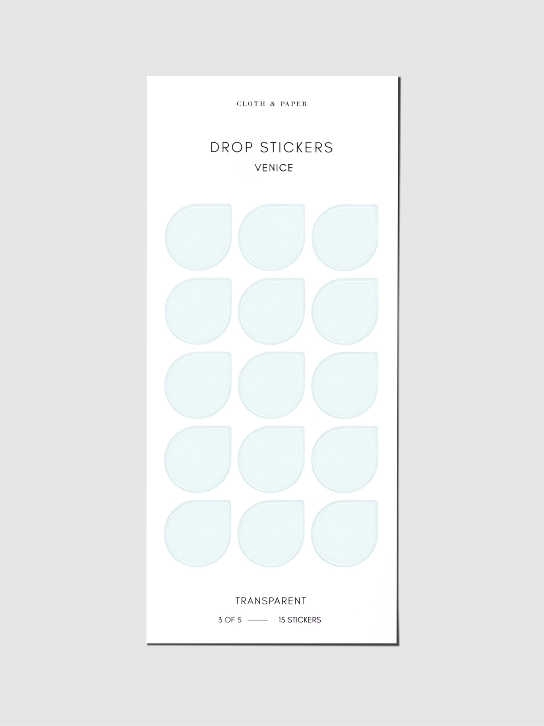 Minimal Shape Sticker Set with Transparent Drops in Venice displayed against a neutral background.