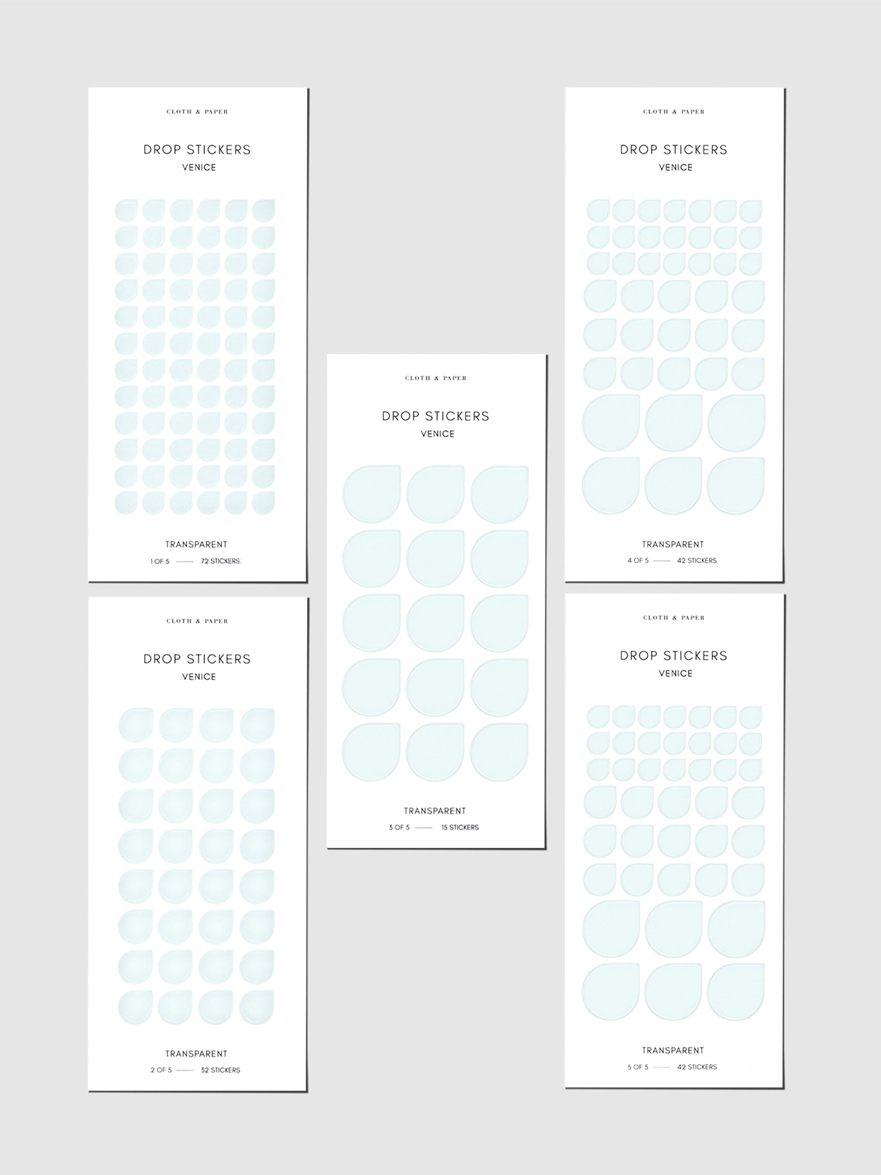 5 sheets of drop stickers from sticker set arranged parallel against a gray background. Color shown is Venice.