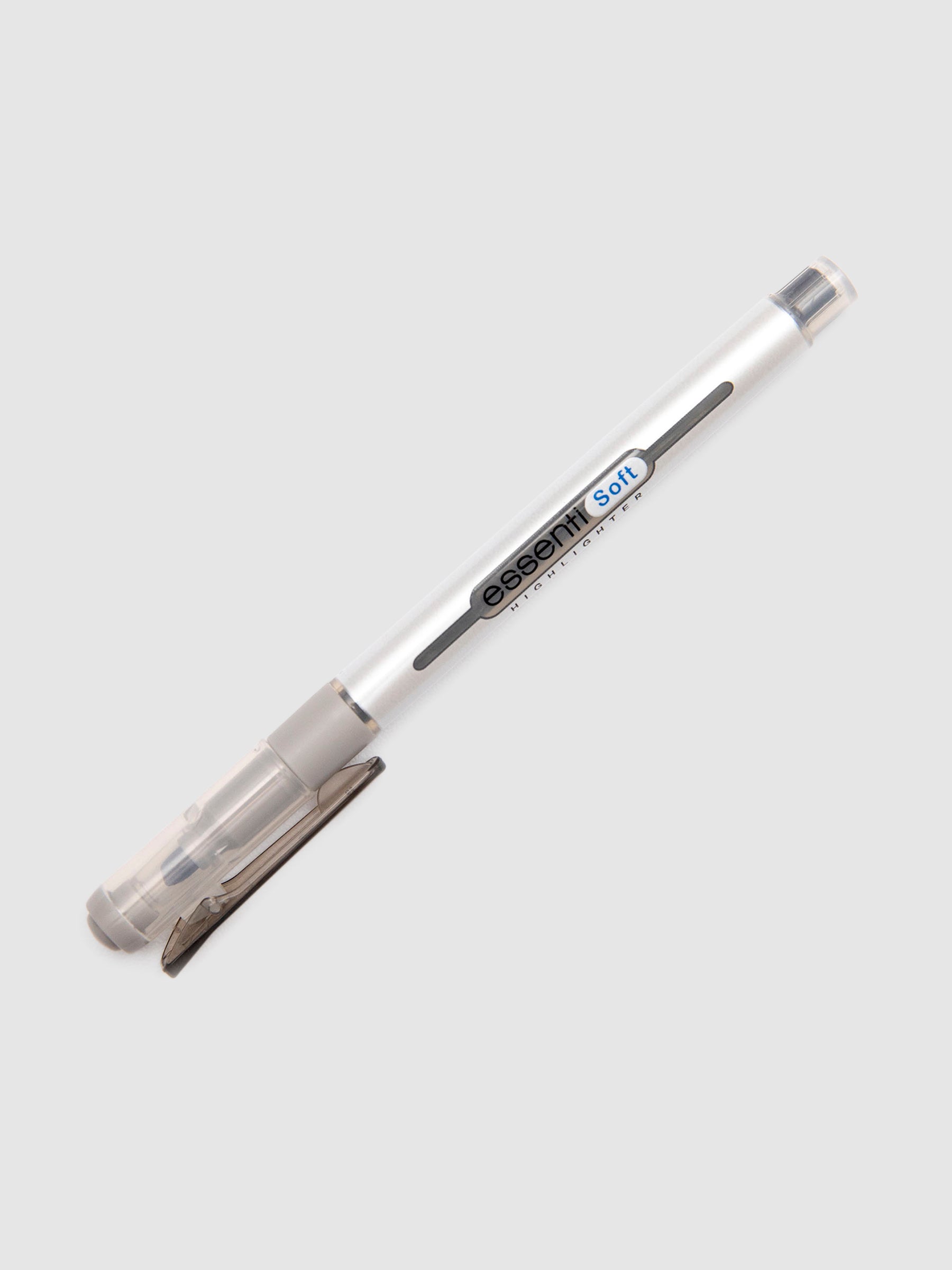 Monami Essenti Soft Highlighter | Pastel Grey | Cloth and Paper. Pen turned to the right against a neutral background.