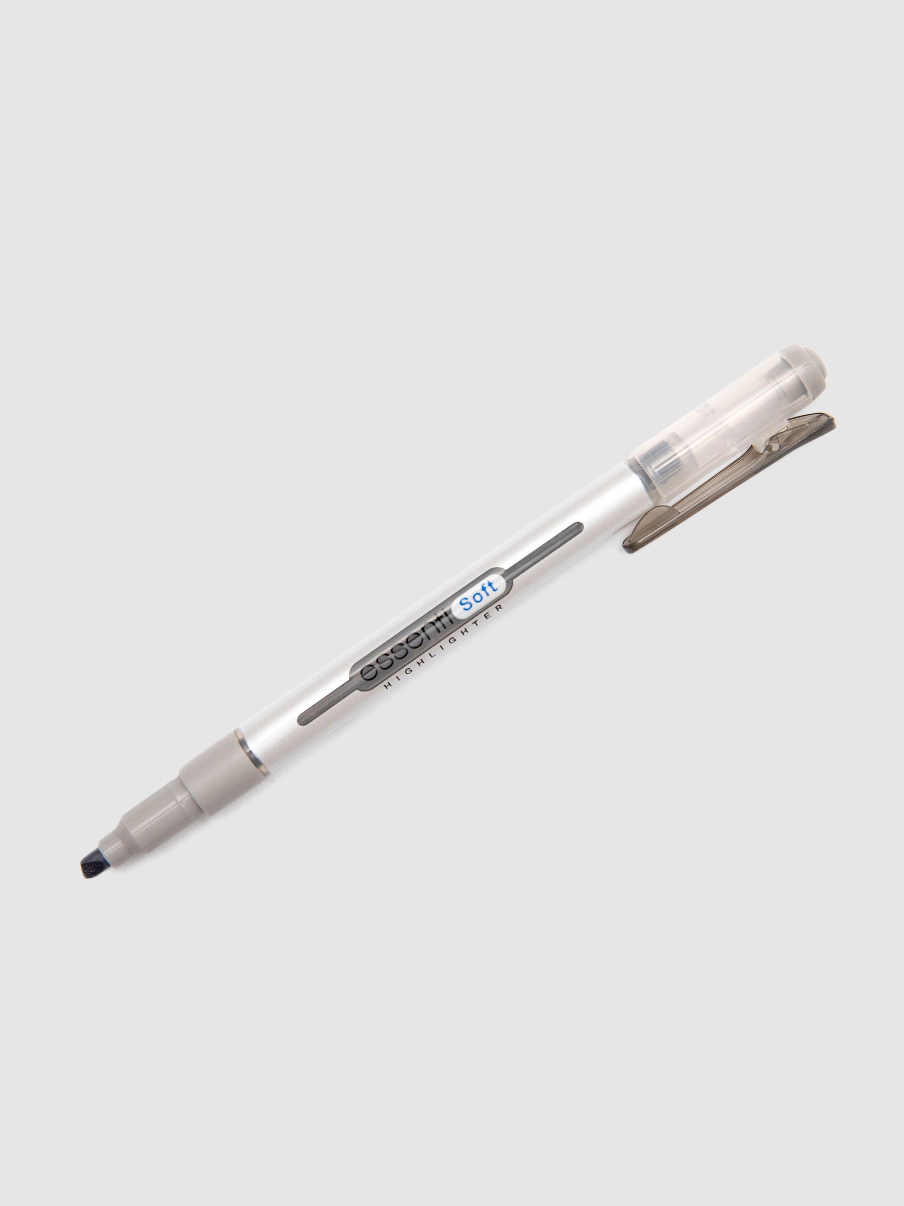 Monami Essenti Soft Highlighter | Pastel Grey | Cloth and Paper. Highlighter uncapped with cap posted to the back turned to the right against a neutral background.