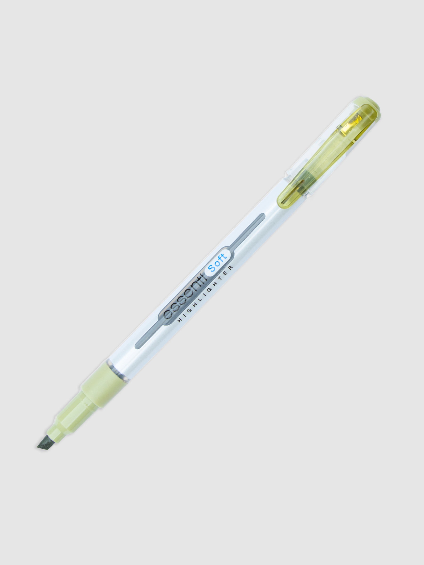 Pastel Olive Highlighter uncapped with the cap posted to the back of the highlighter, turned to the right against a neutral background.