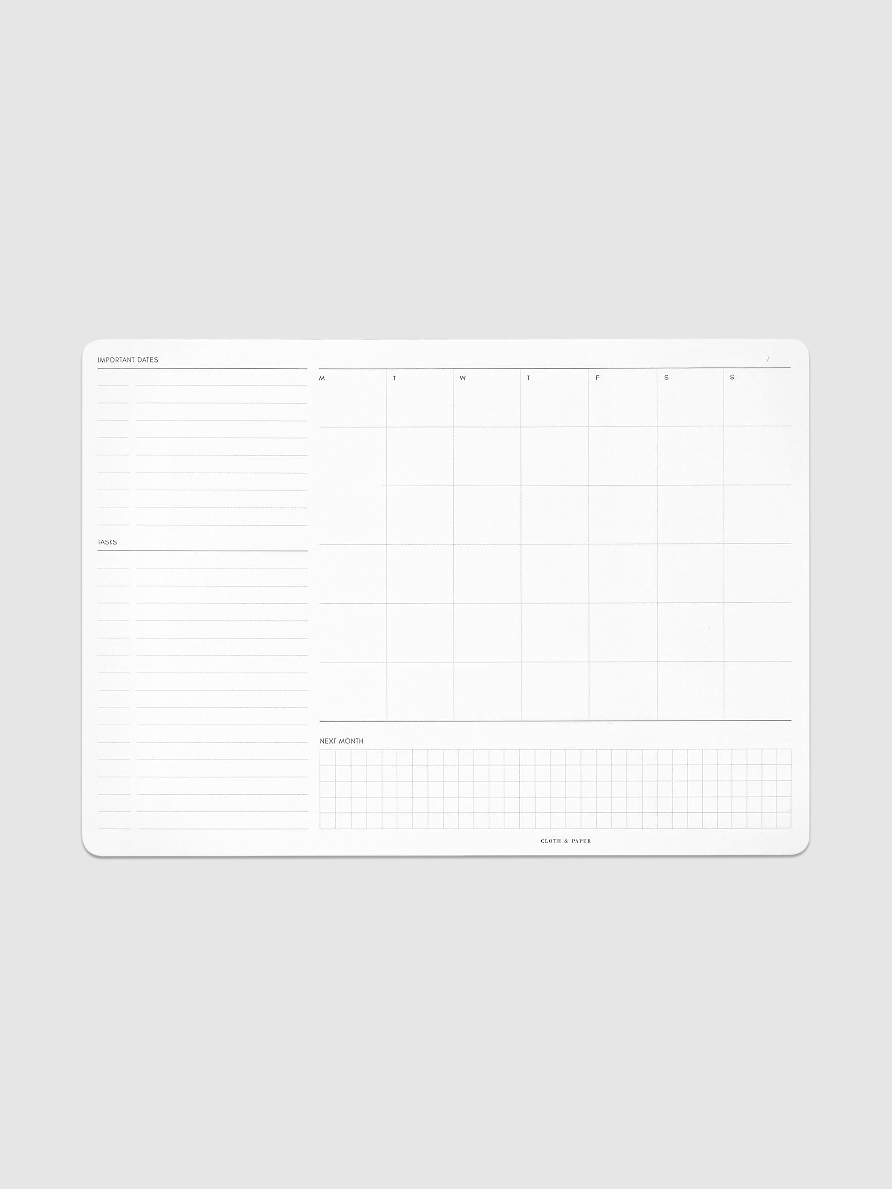 Monthly Admin Desk Pad, Cloth and Paper. Desk pad displayed on a neutral background.