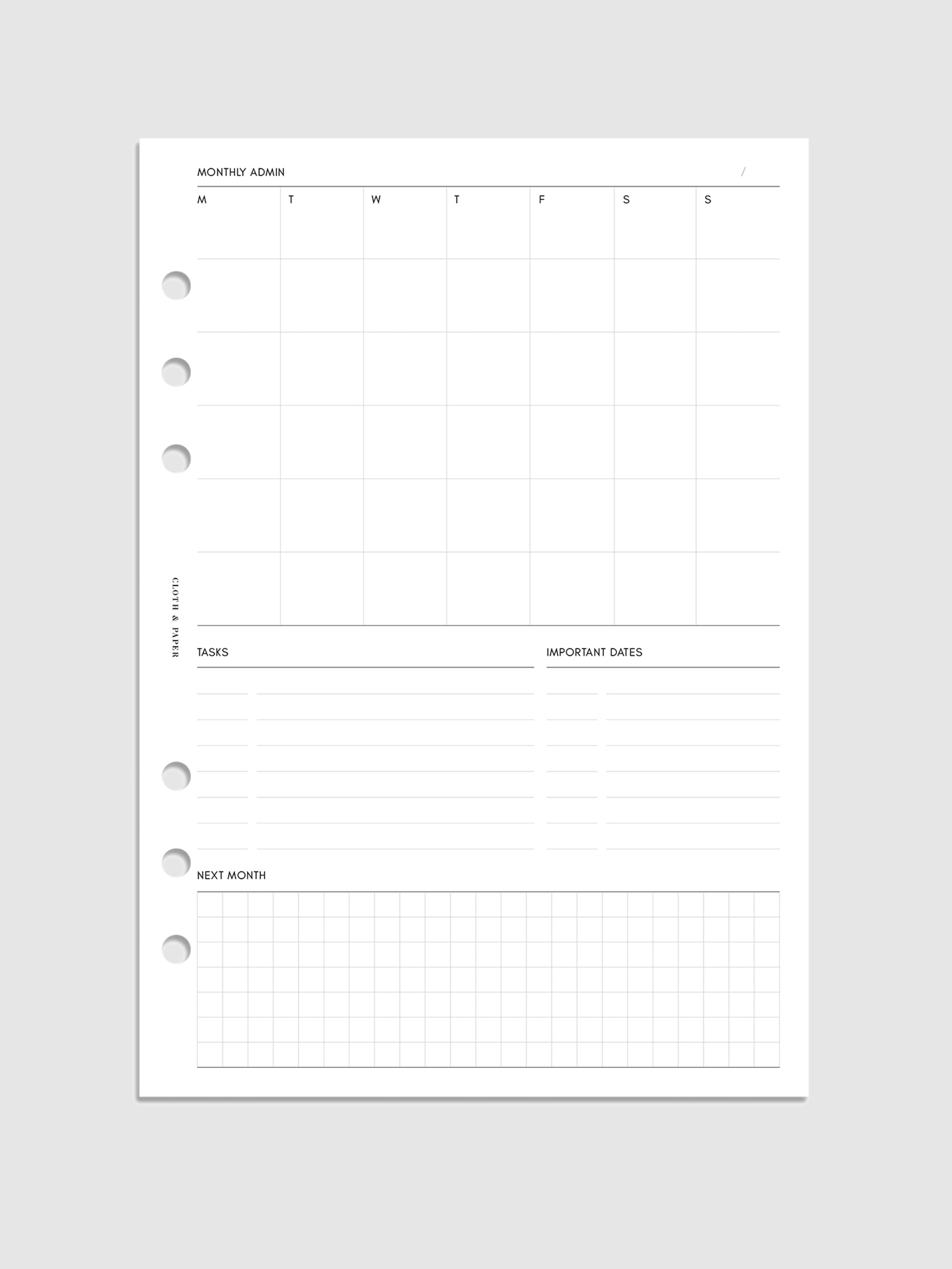 Monthly Admin Planner Inserts, Monday Start, A5, Cloth and Paper. Digital mockup of inserts in A5.