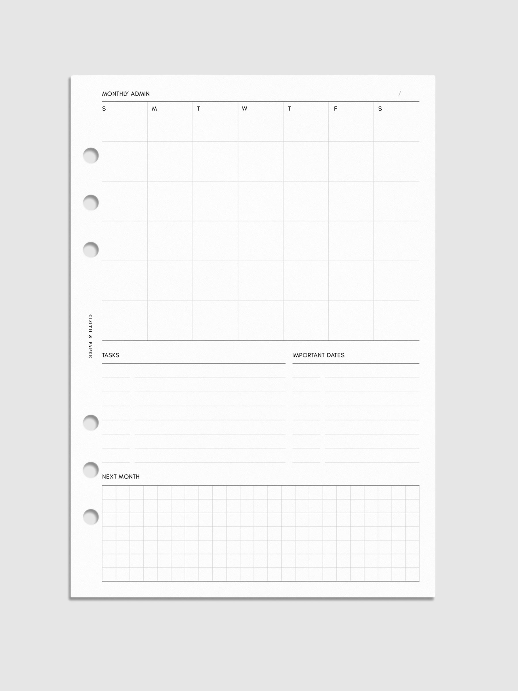 Monthly Admin Planner Inserts, Sunday Start, Cloth and Paper. Mockup of insert in A5.