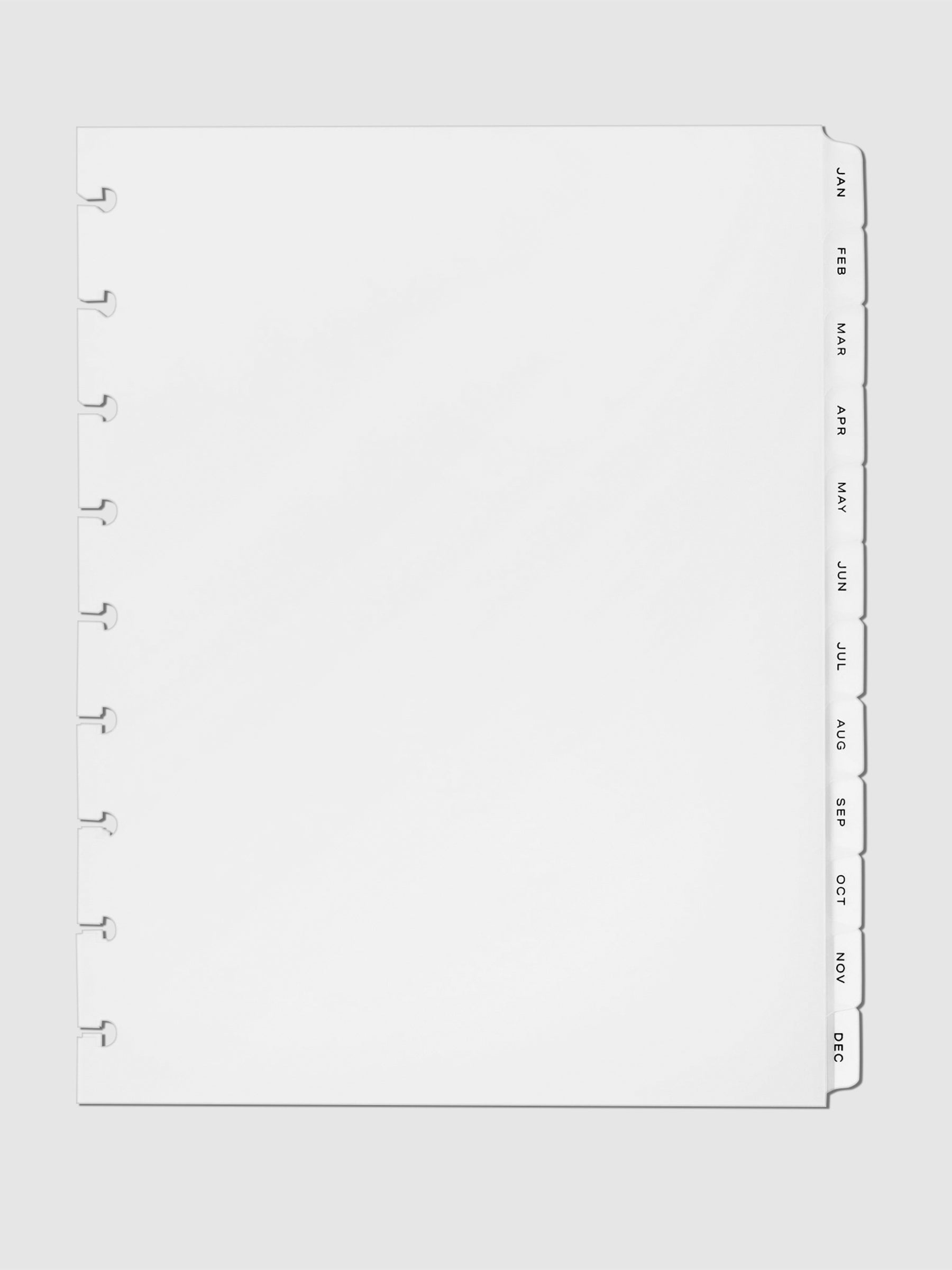 Monthly Side Tab Planner Dividers, Low Profile, Matte. Black foil tabs displayed on a neutral background.