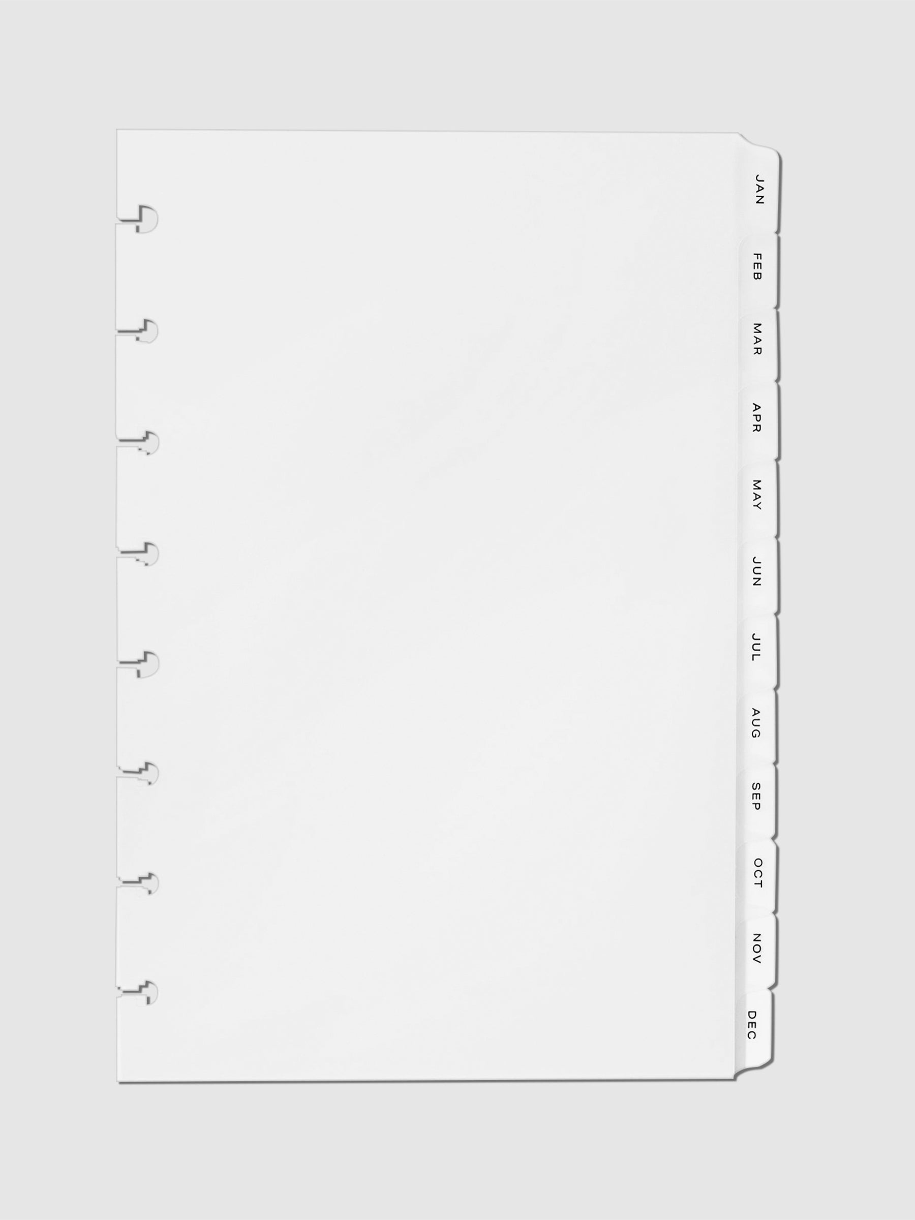 Monthly Side Tab Planner Dividers, Low Profile, Matte. Black foil tabs displayed on a neutral background.