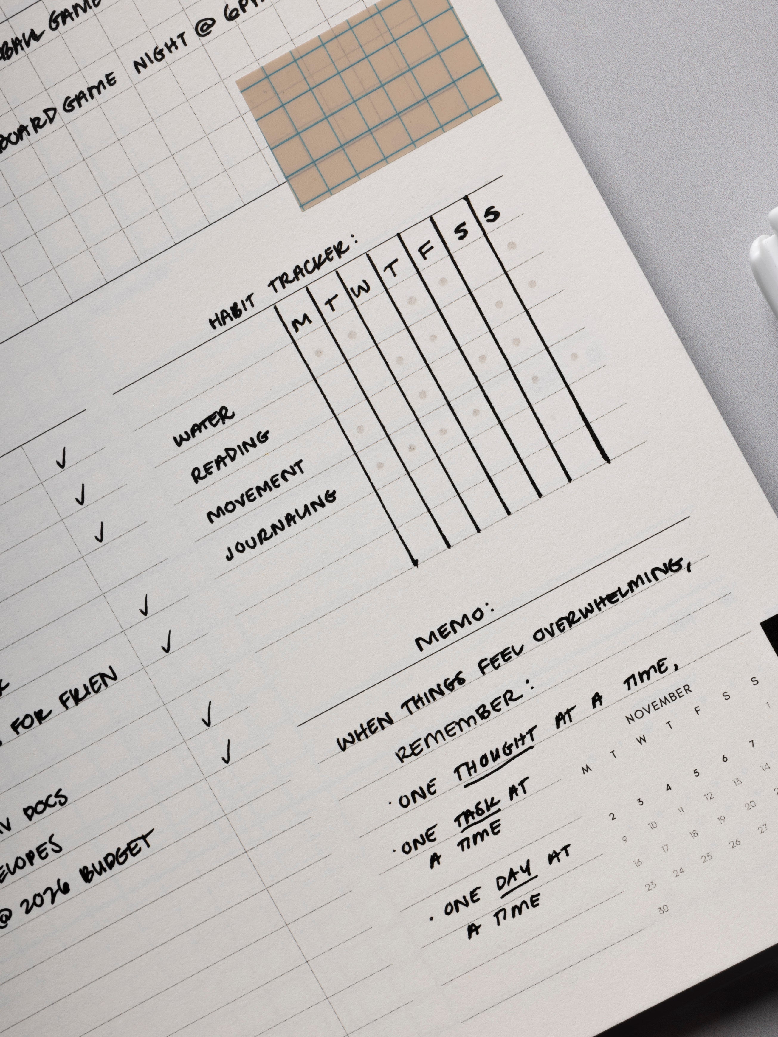 Closeup of the inside of the 2026 Weekly Horizontal Notebook | Monday Start | A5 Spiral on a weekly layout page showing handwritten example uses for the notes sections.