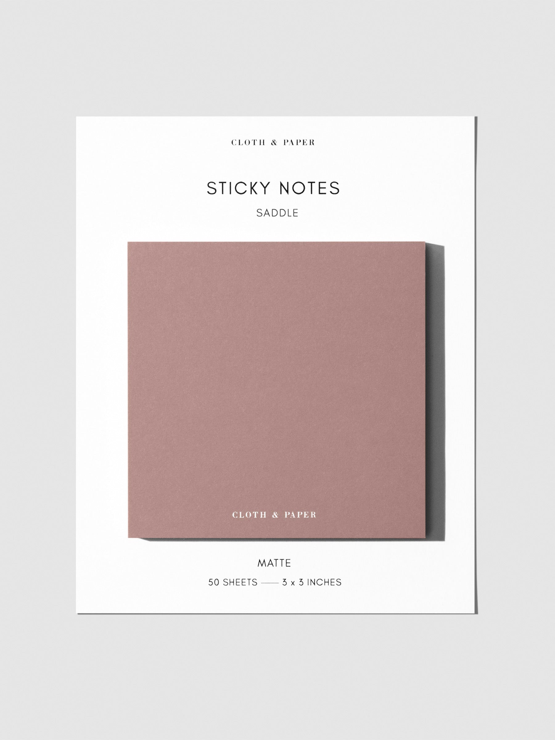 Sticky note set displayed against a neutral background. Color shown is saddle.