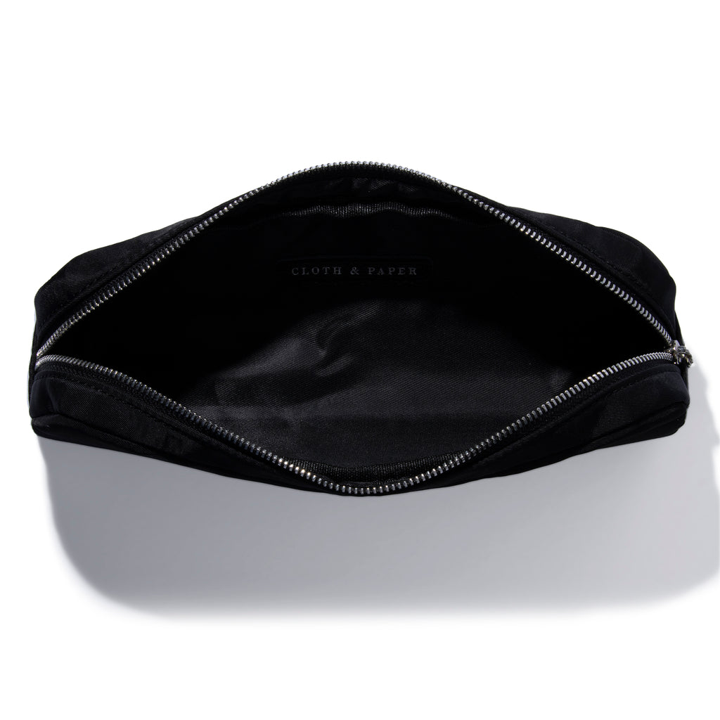 Pencil pouch displayed unzipped on a white background. Color featured is black.