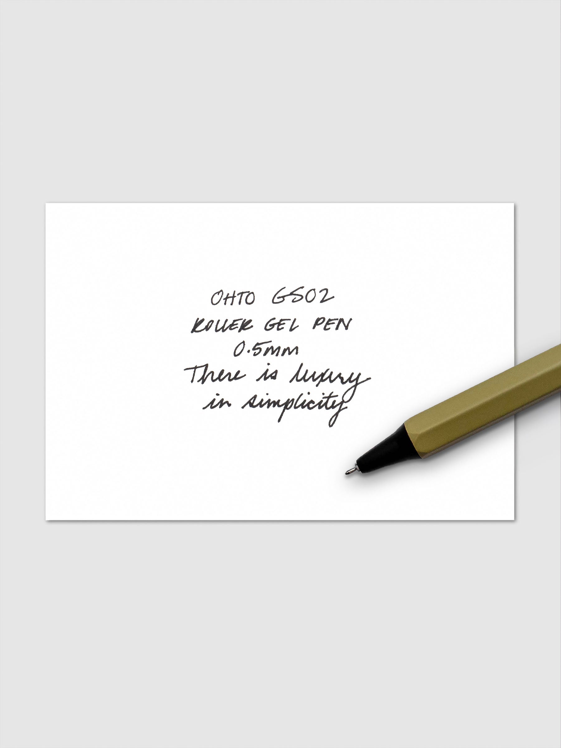 Writing sample for the Khaki OHTO Roller Gel Pen in 0.5mm nib.