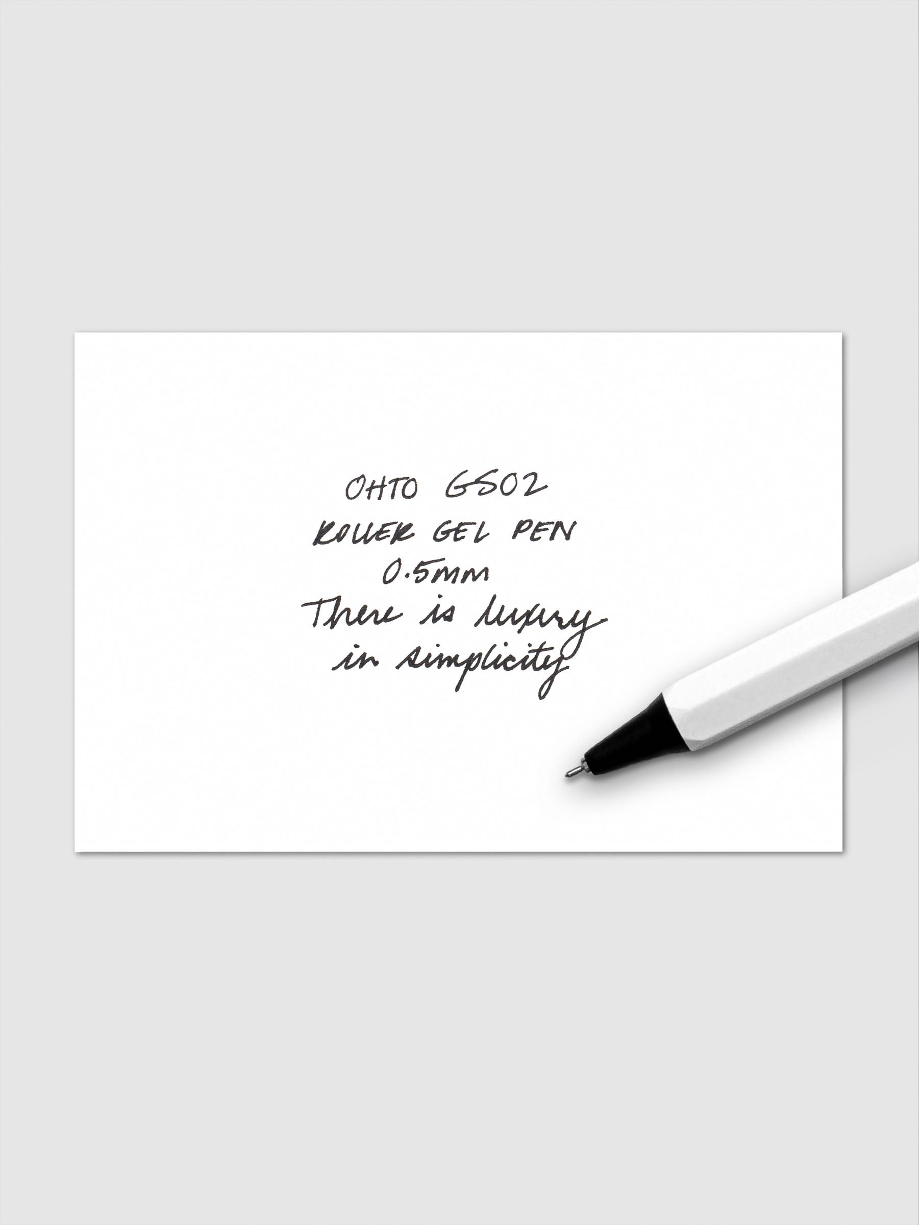 Writing sample for the white and black OHTO Roller Gel Pen in 0.5mm nib.