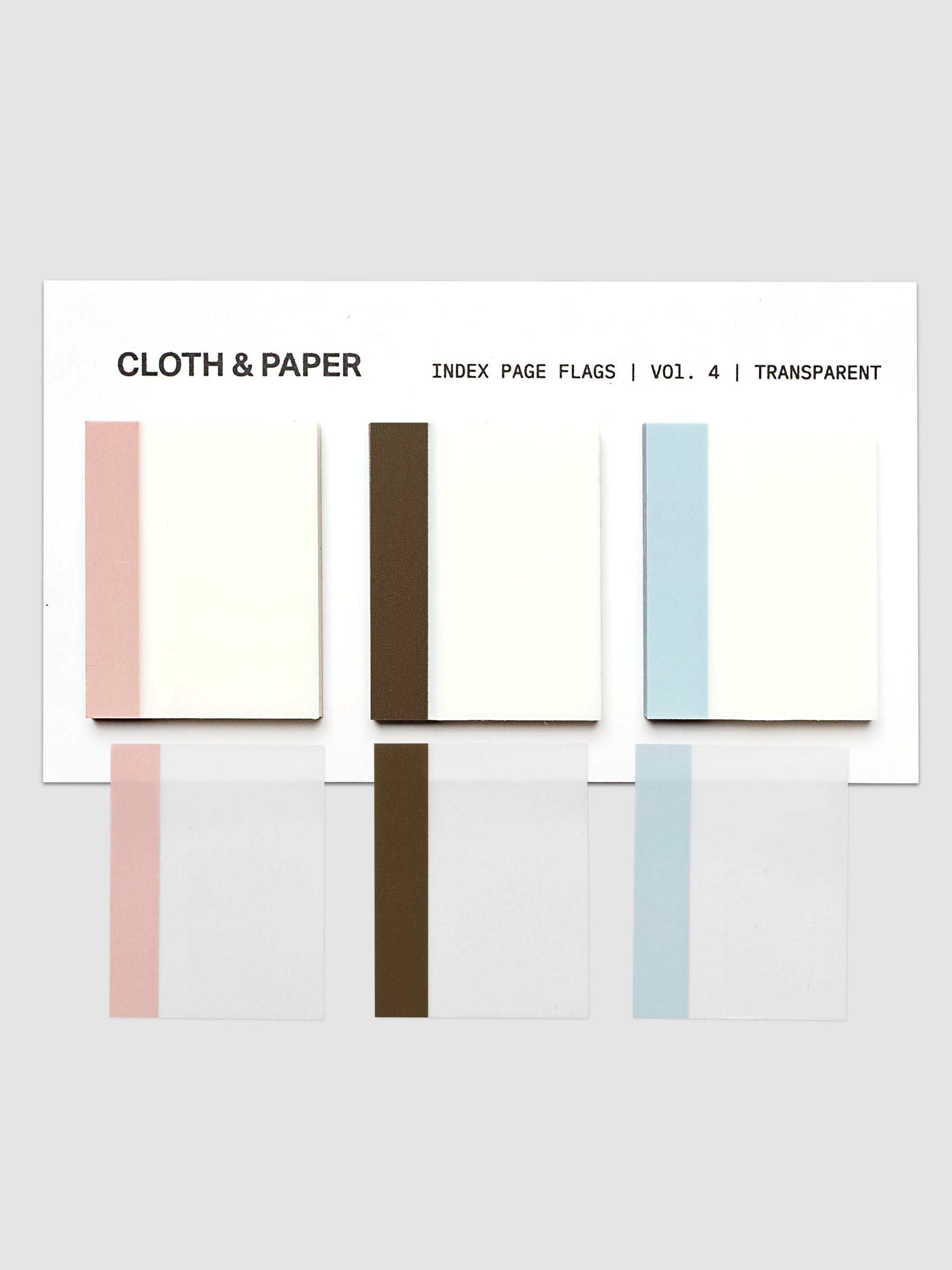 Index Page Flags shown on their backing card in pink, brown, and light blue, with one flag of each color placed below the card to show the transparent writing area.