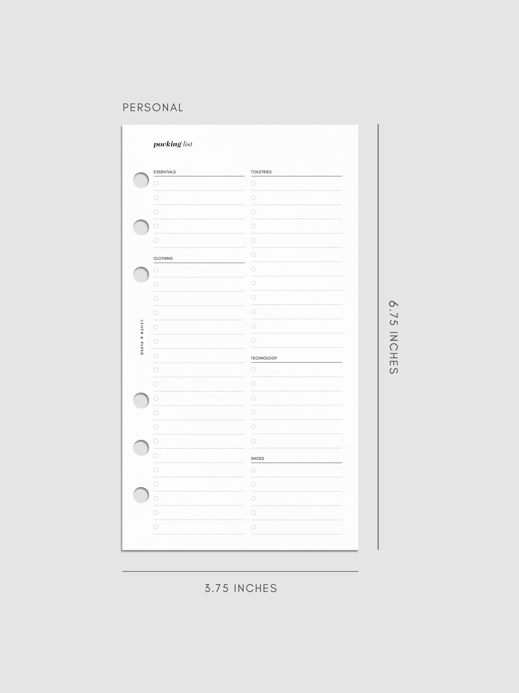 Digital mockup of Packing List inserts in size Personal.
