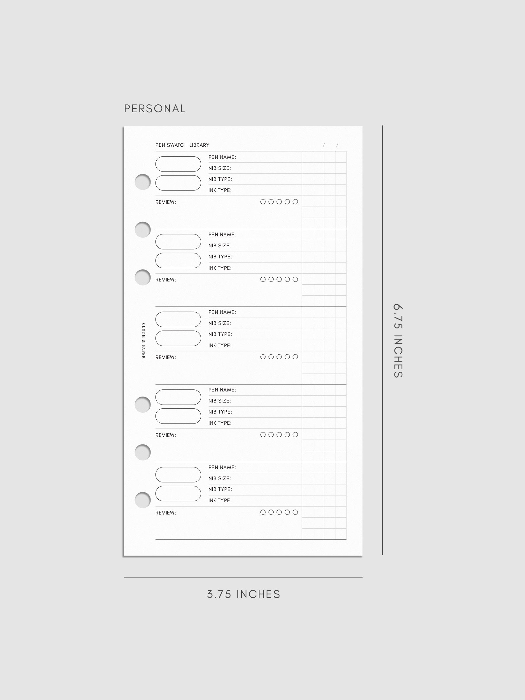 Pen Swatch Planner Inserts in size Personal.