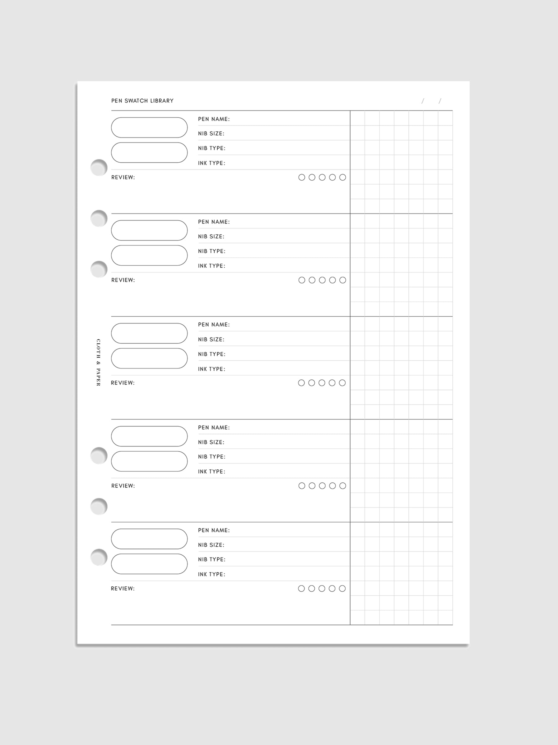 Pen Swatch Planner Inserts, Cloth and Paper. Digital mockup of insert in A5 sizing.