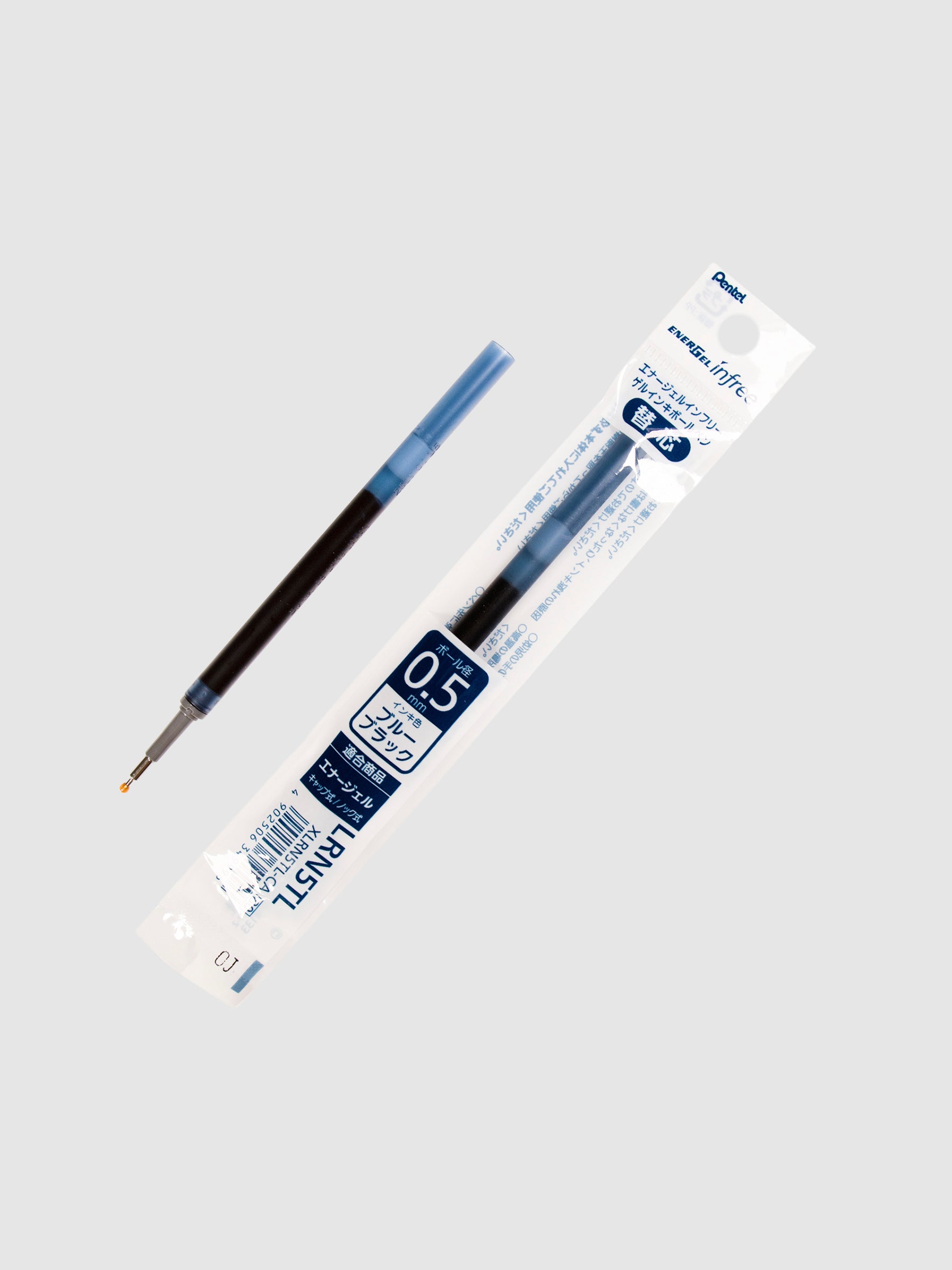 Pentel Energel Infree Ink Refill, 0.5 mm, Blue Black, Cloth and Paper. Pen ink refill in packaging with another pen ink refill outside of it to the left. Both are parallel to each other, turned to the right against a neutral background.
