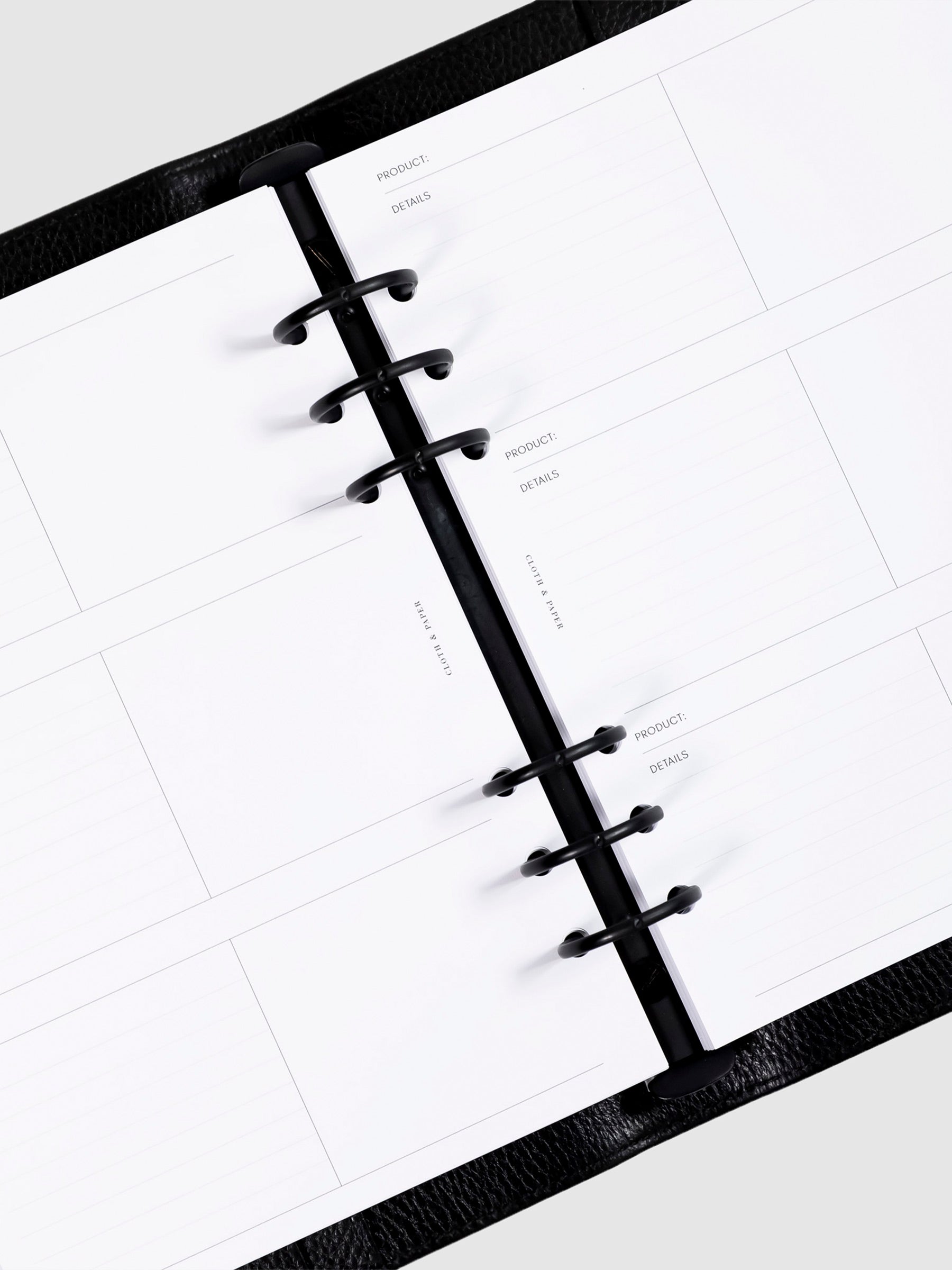 Product Inventory Inserts, Cloth and Paper. Inserts displayed inside an A5 6-Ring Planner.
