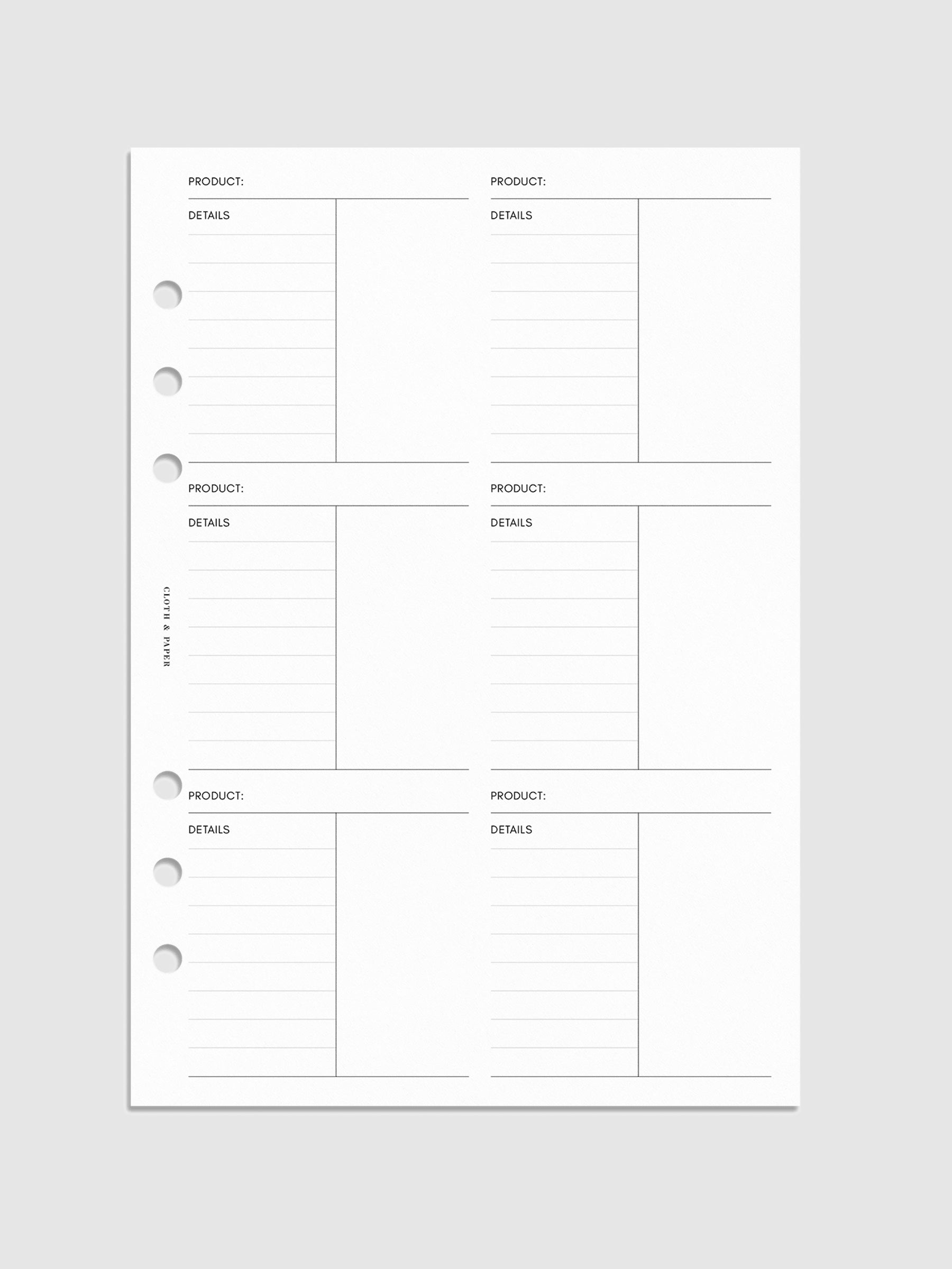 Product Inventory Inserts, Cloth and Paper. Digital mockup of inserts in A5 sizing.
