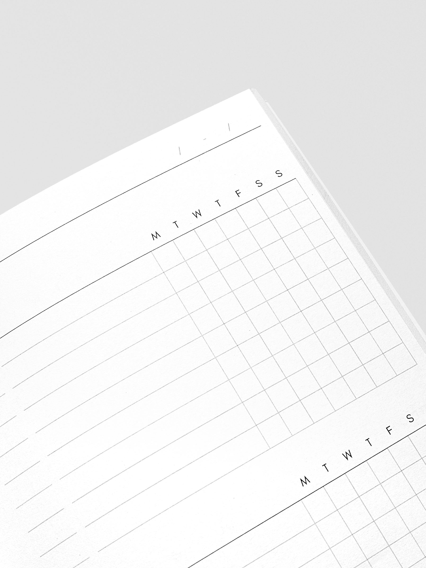 Travel Notebook in size A5 Slim in color Beignet with Routine Builder pages with inner pages shown in close up.