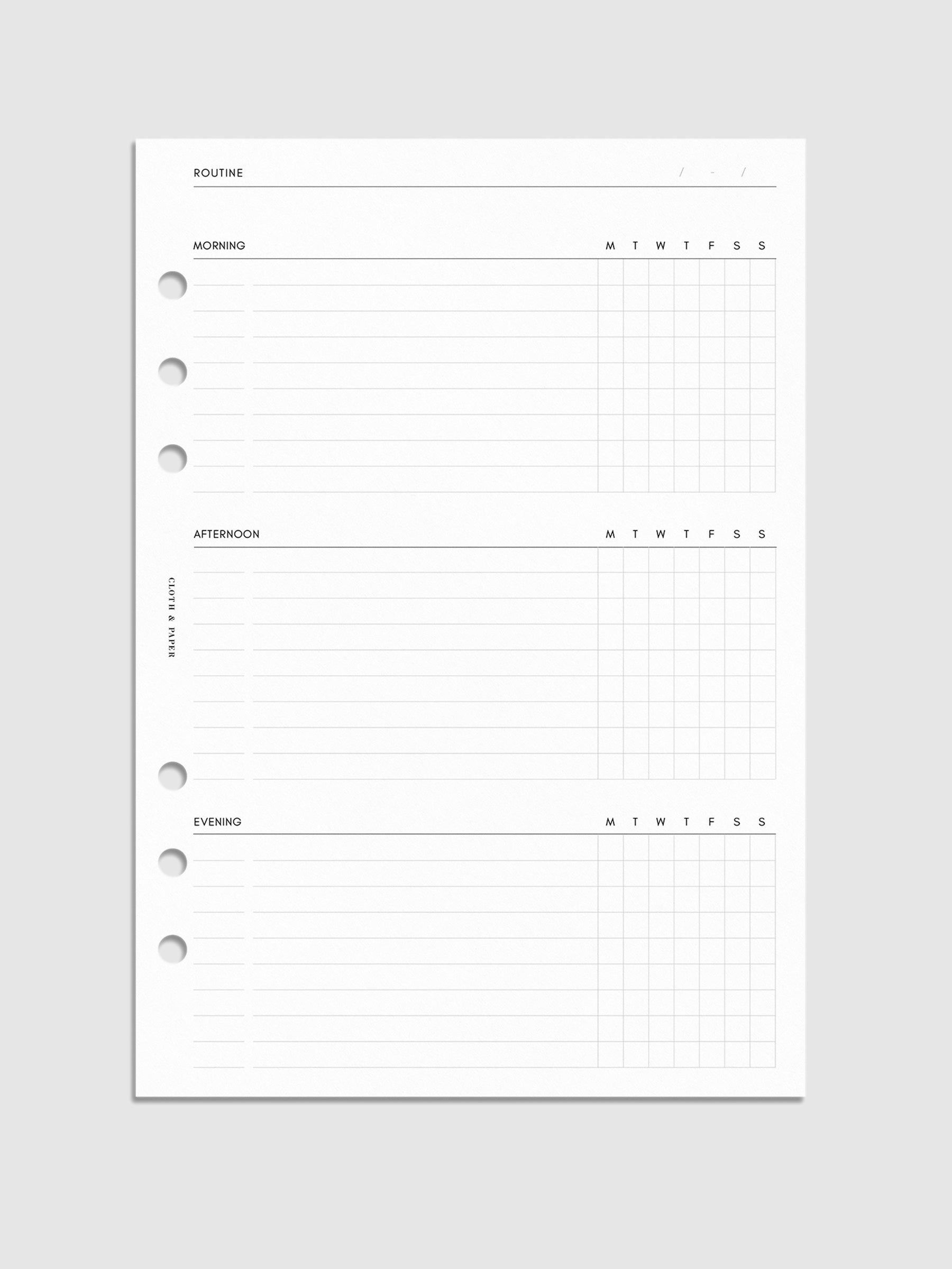 Digital mockup of insert in A5 sizing. Page shown is routine planner.