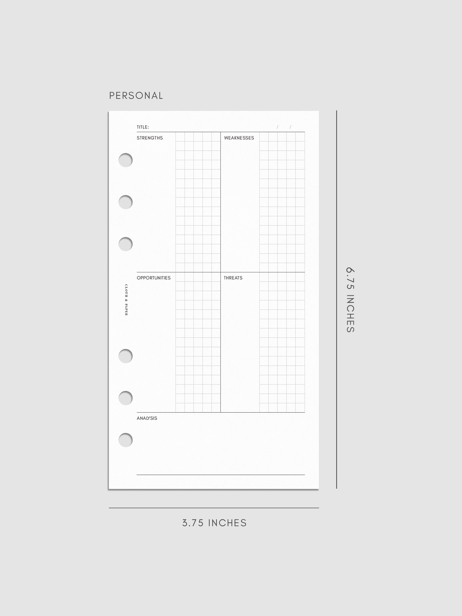 SWOT Analysis Planner Inserts | Refreshed Layout in size Personal.