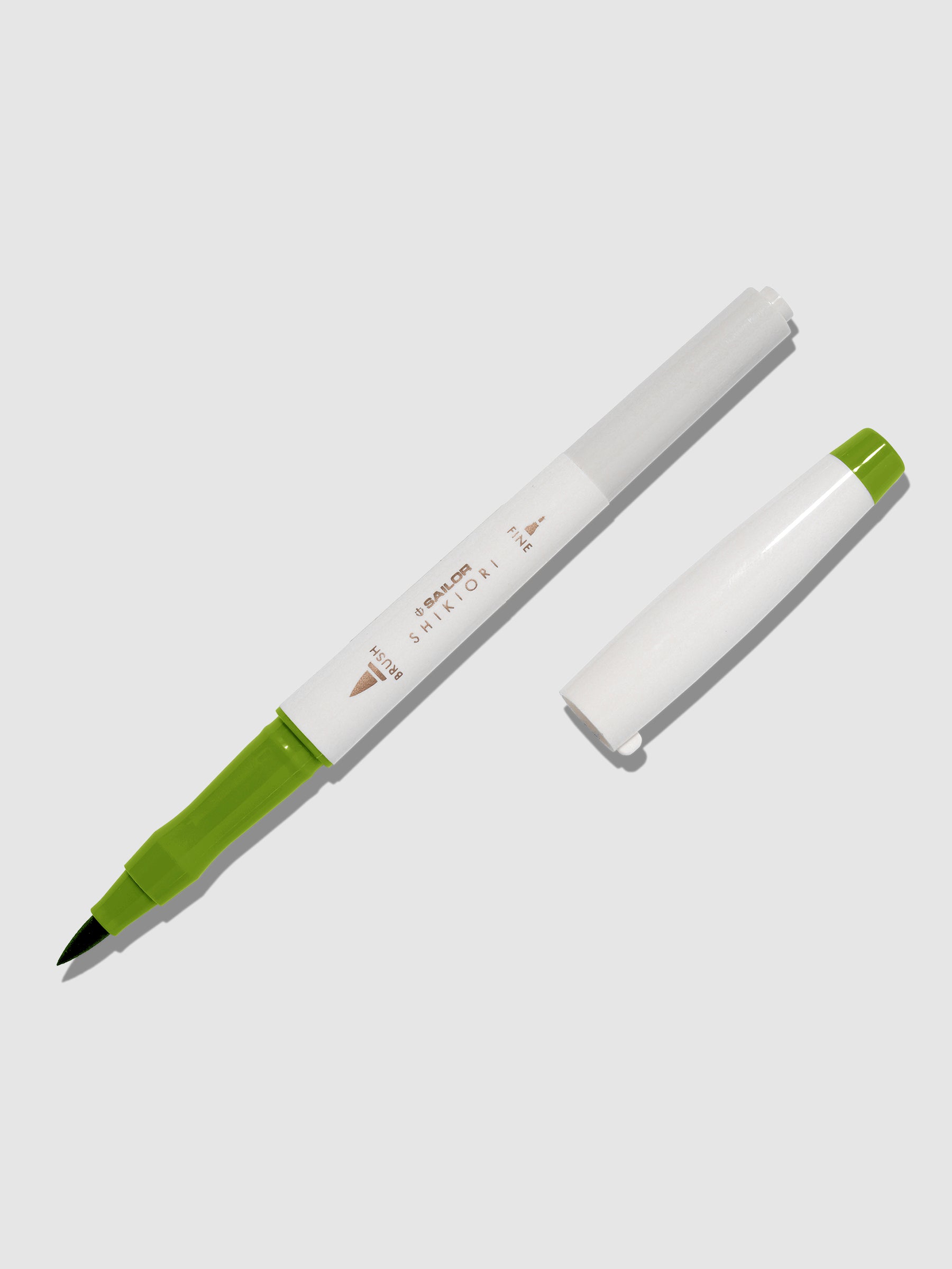 Brush pen displayed on a neutral background. It is uncapped with its brush nib exposed, and the cap lying parallel to the marker. Color pictured is Wakauguisu.