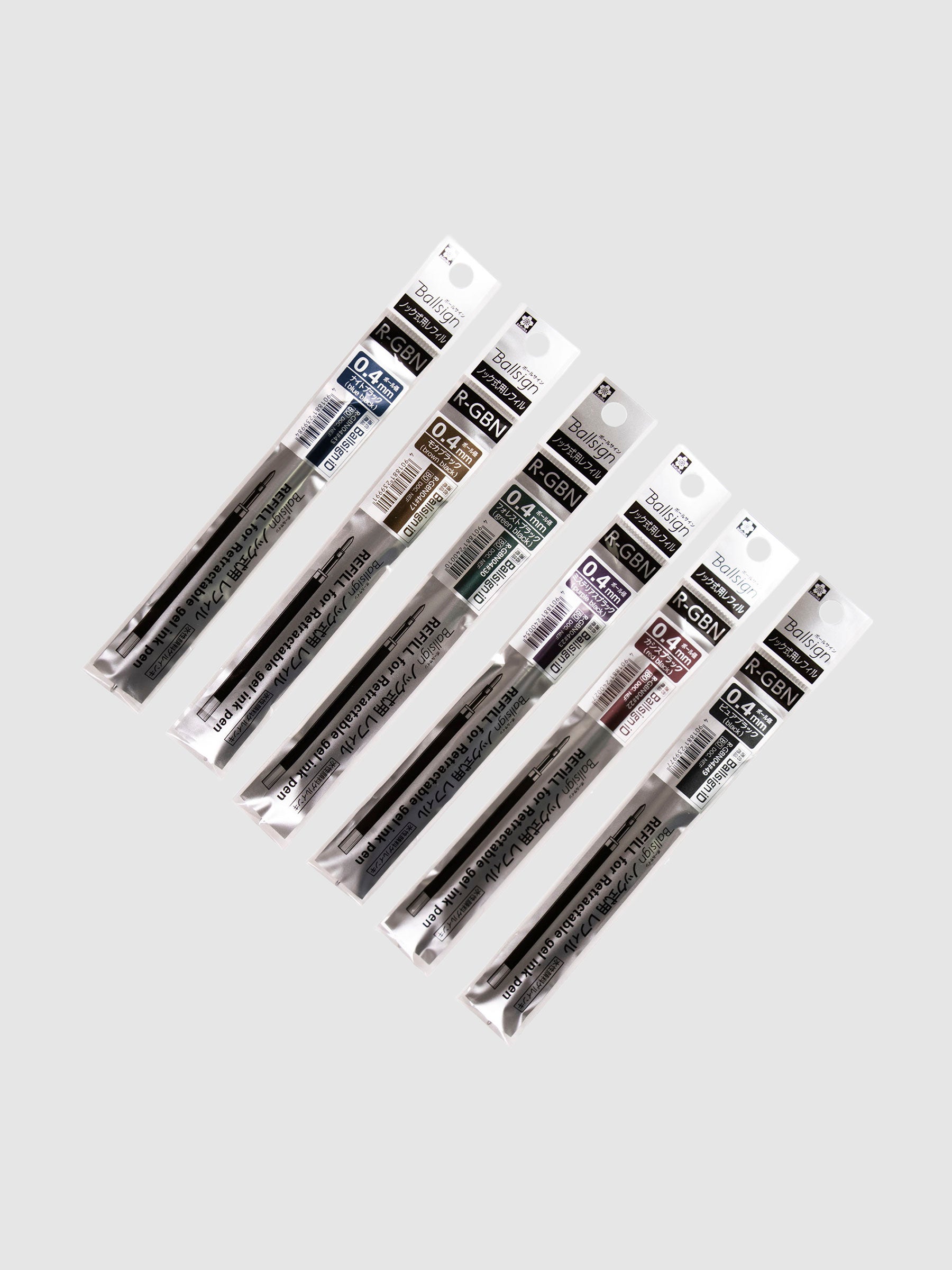 Sakura Ballsign iD Gel Ink Refill, 0.4 mm, Cloth and Paper. All six colors of refills in their packaging, lined up next to each other, turned slightly to the right against a neutral background.