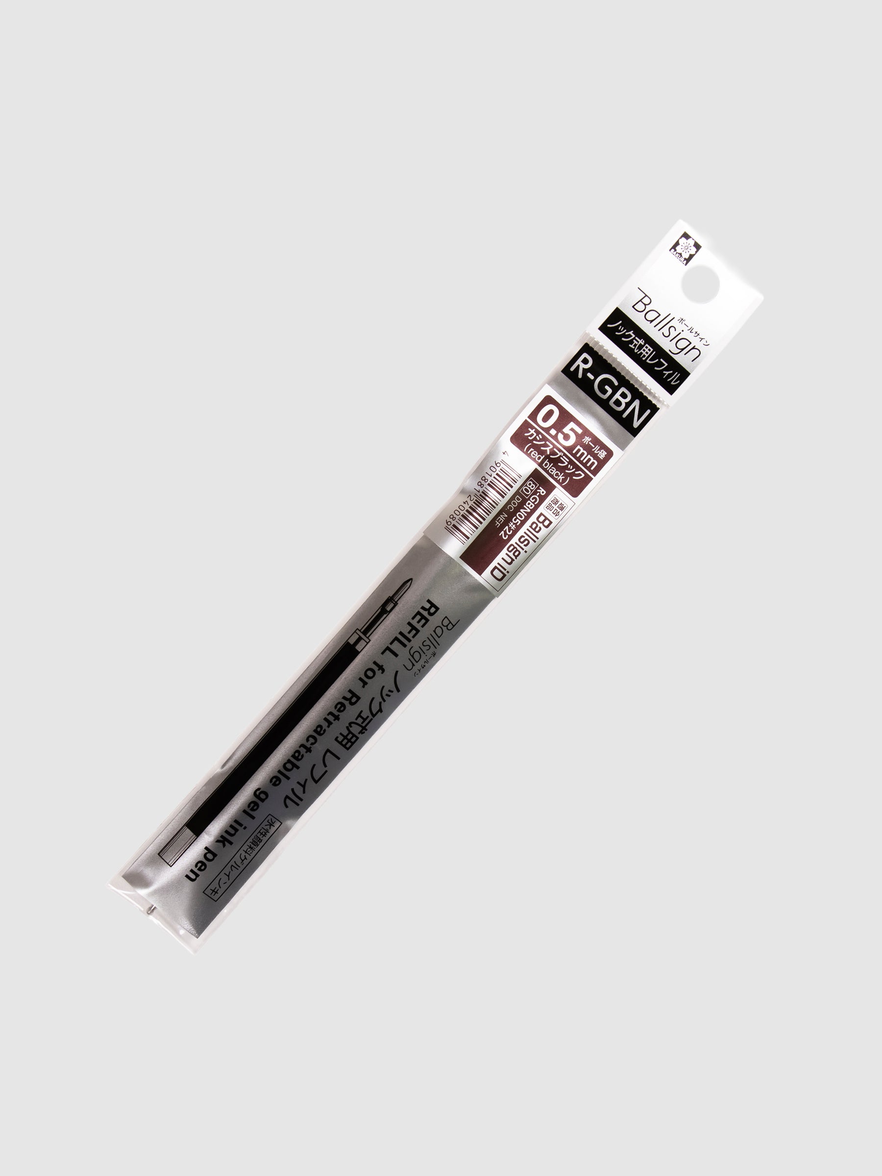 Sakura Ballsign iD Gel Ink Refill, 0.5 mm, Cloth and Paper. Red black ink refill in its packaging turned slightly to the right against a neutral background.