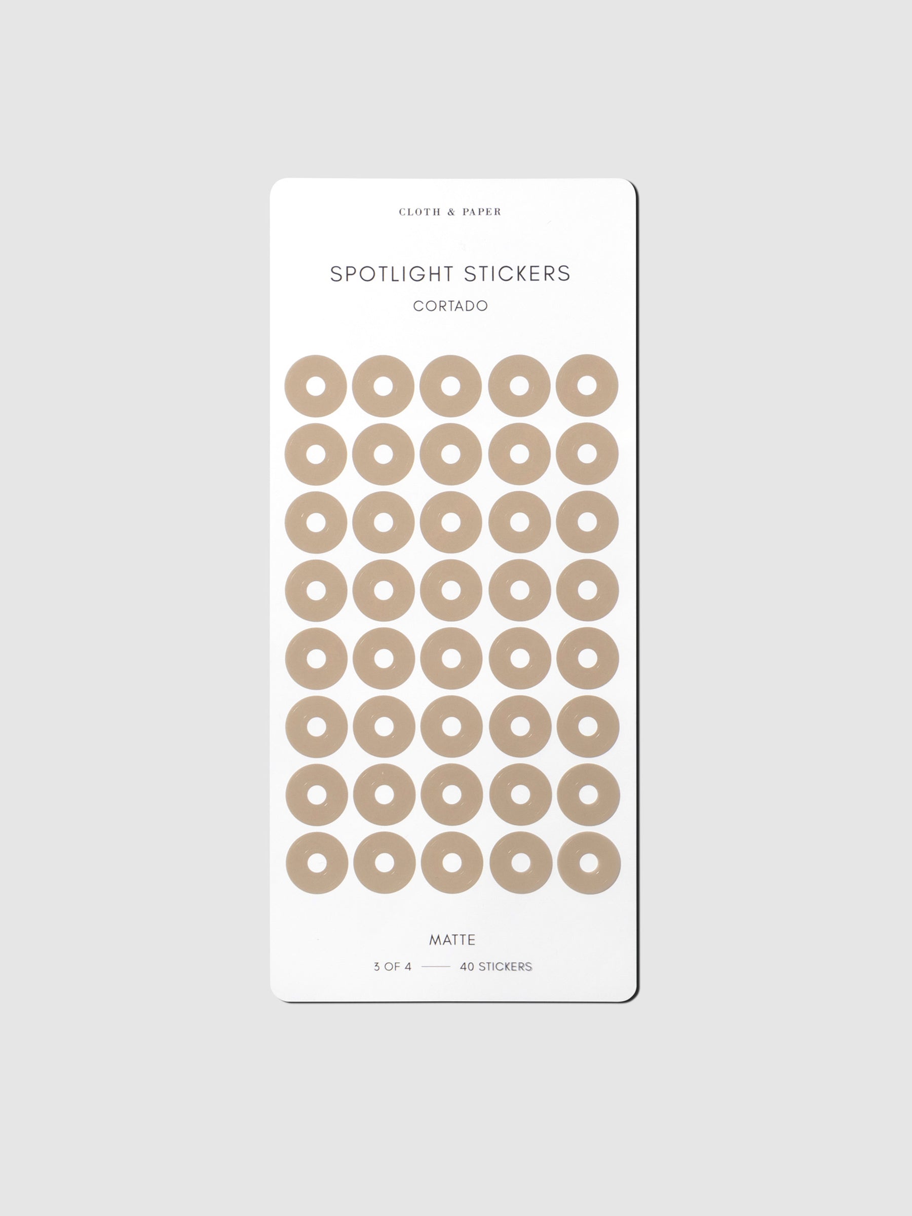Sticker sheet displayed on a neutral background. Color shown is Cortado.