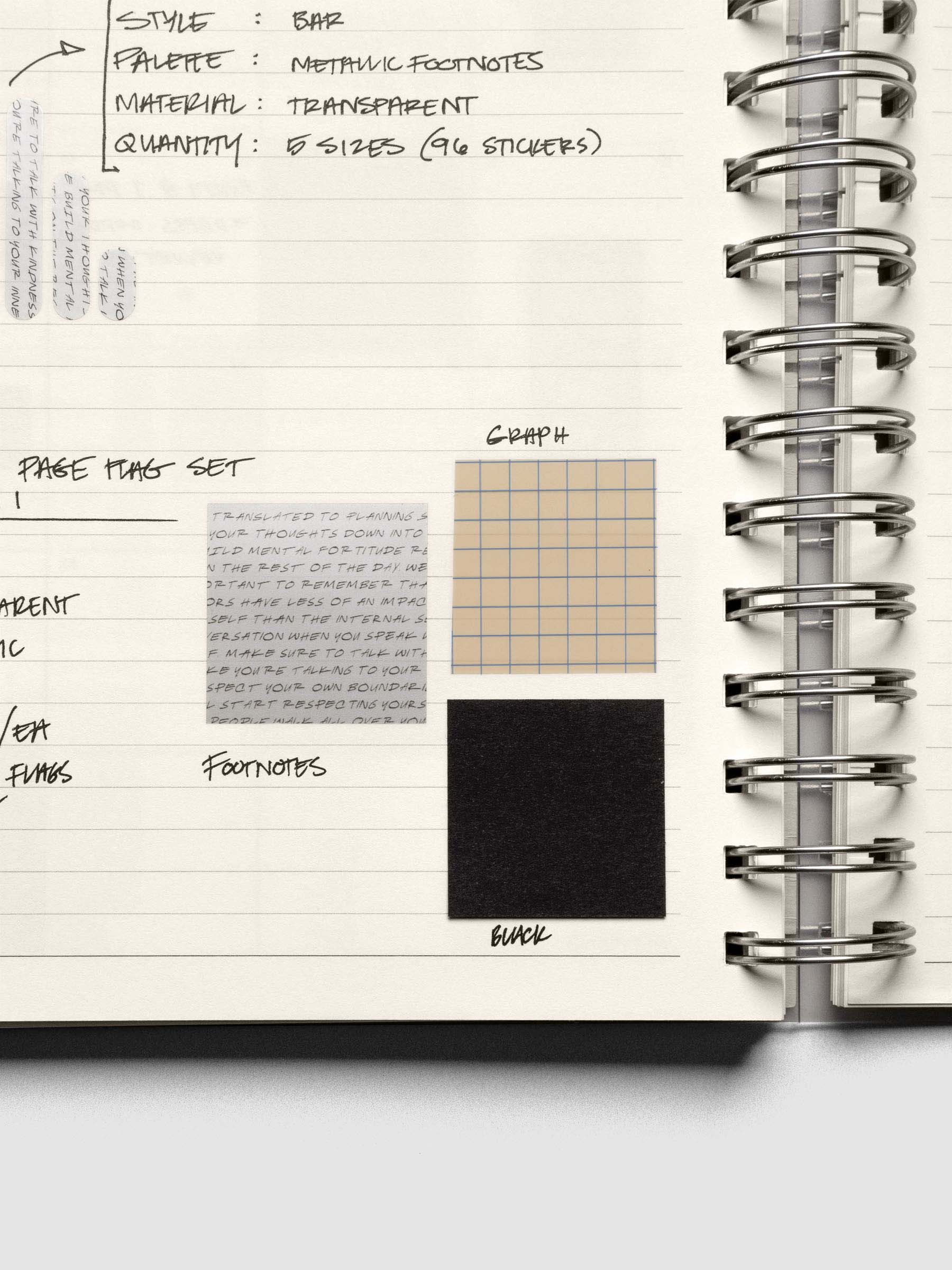 Close up of the Square Page Flags in each pattern (footnotes, graph, and black) labeled in a spiral planner.