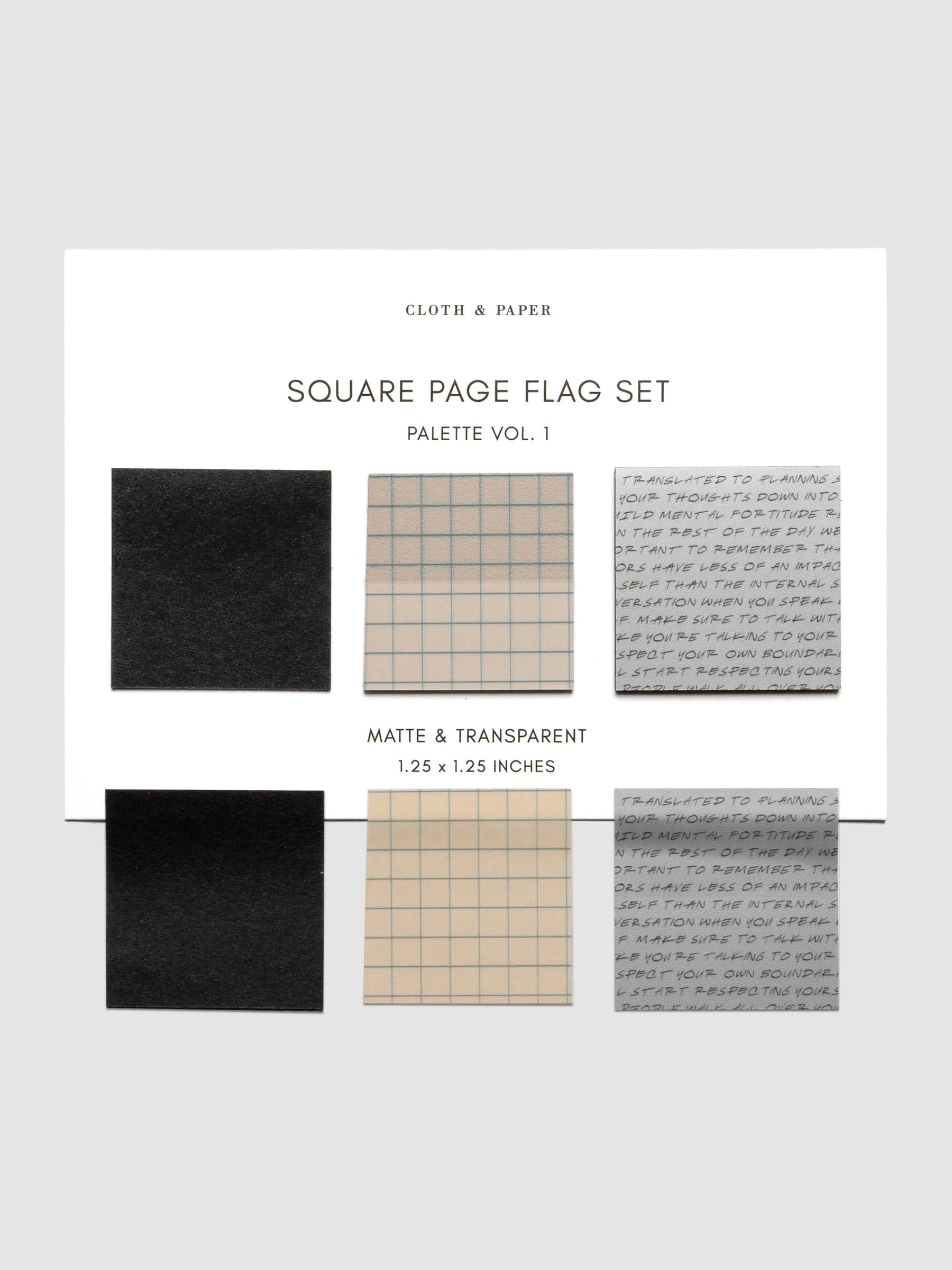 Square Page Flag Set Vol. 1 shown on a backing card with one of each removed and placed below to show true color.
