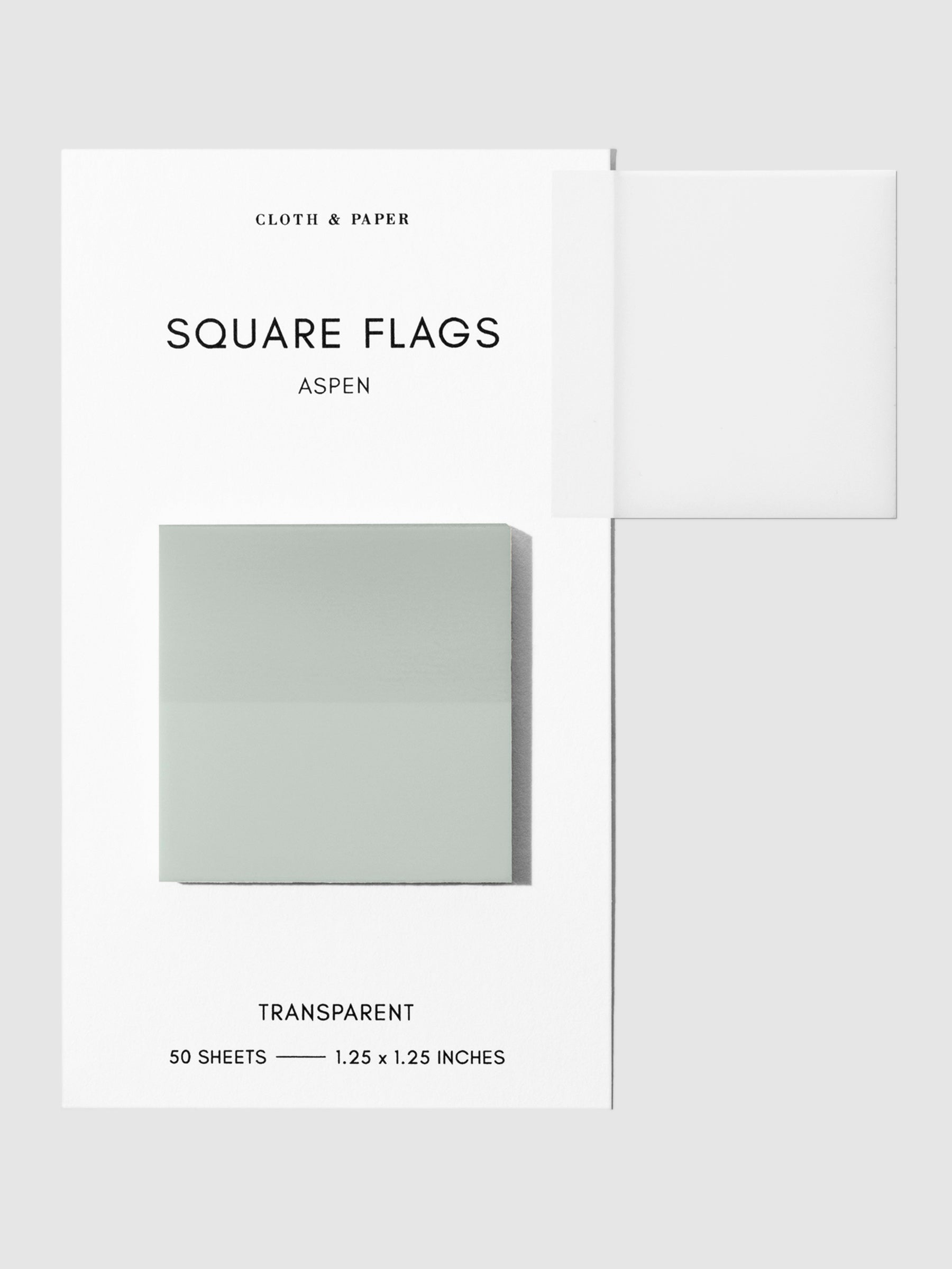 Square Page flag on their backing with one flag removed and attached to the backing to show its transparency. Color pictured is Aspen.
