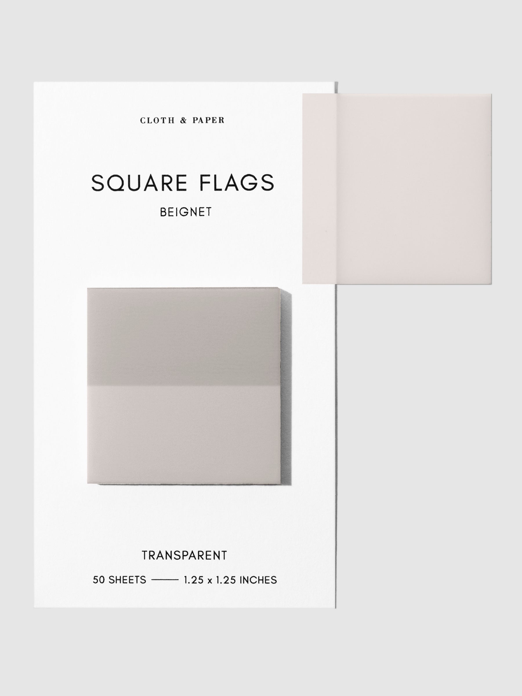 Square Page flag on their backing with one flag removed and attached to the backing to show its transparency. Color pictured is Beignet.