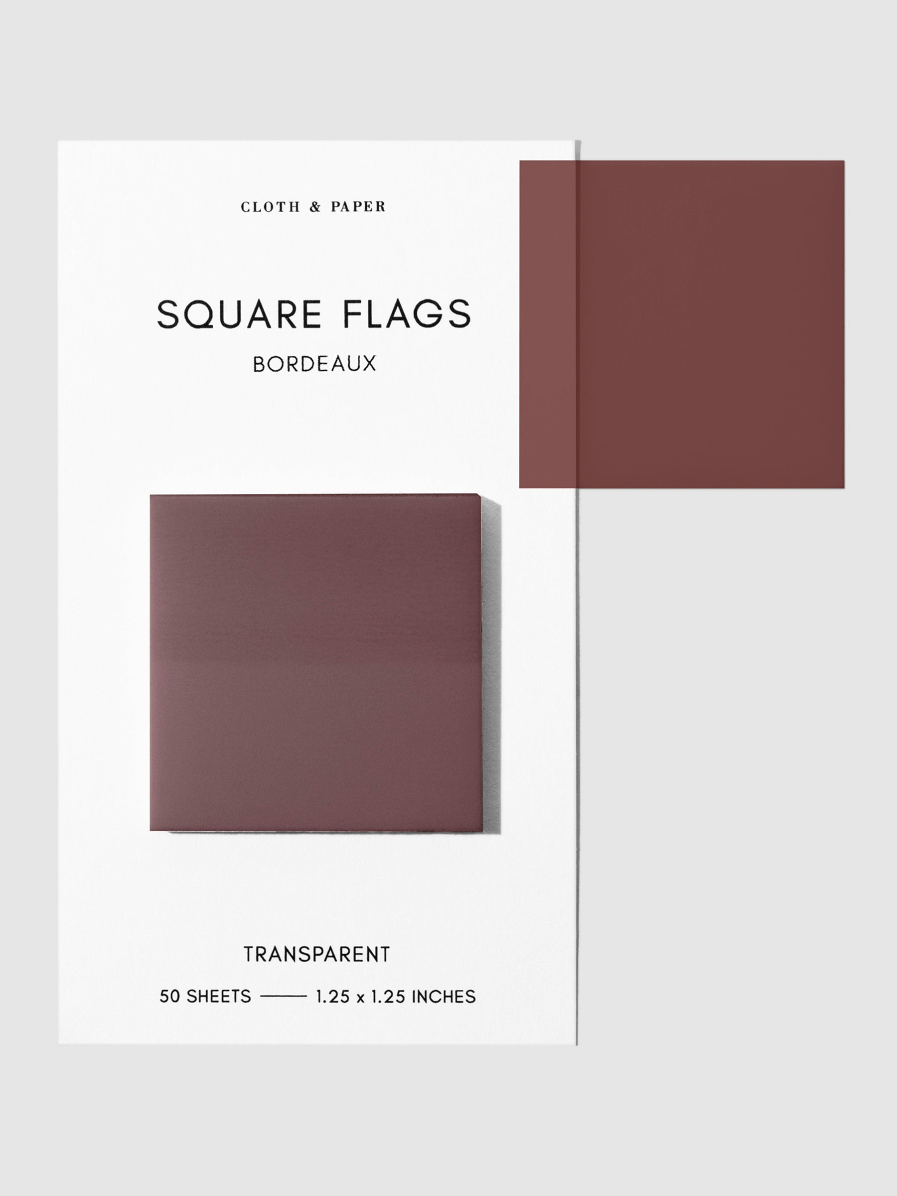 Square Page flag on their backing with one flag removed and attached to the backing to show its transparency. Color pictured is Bordeaux.