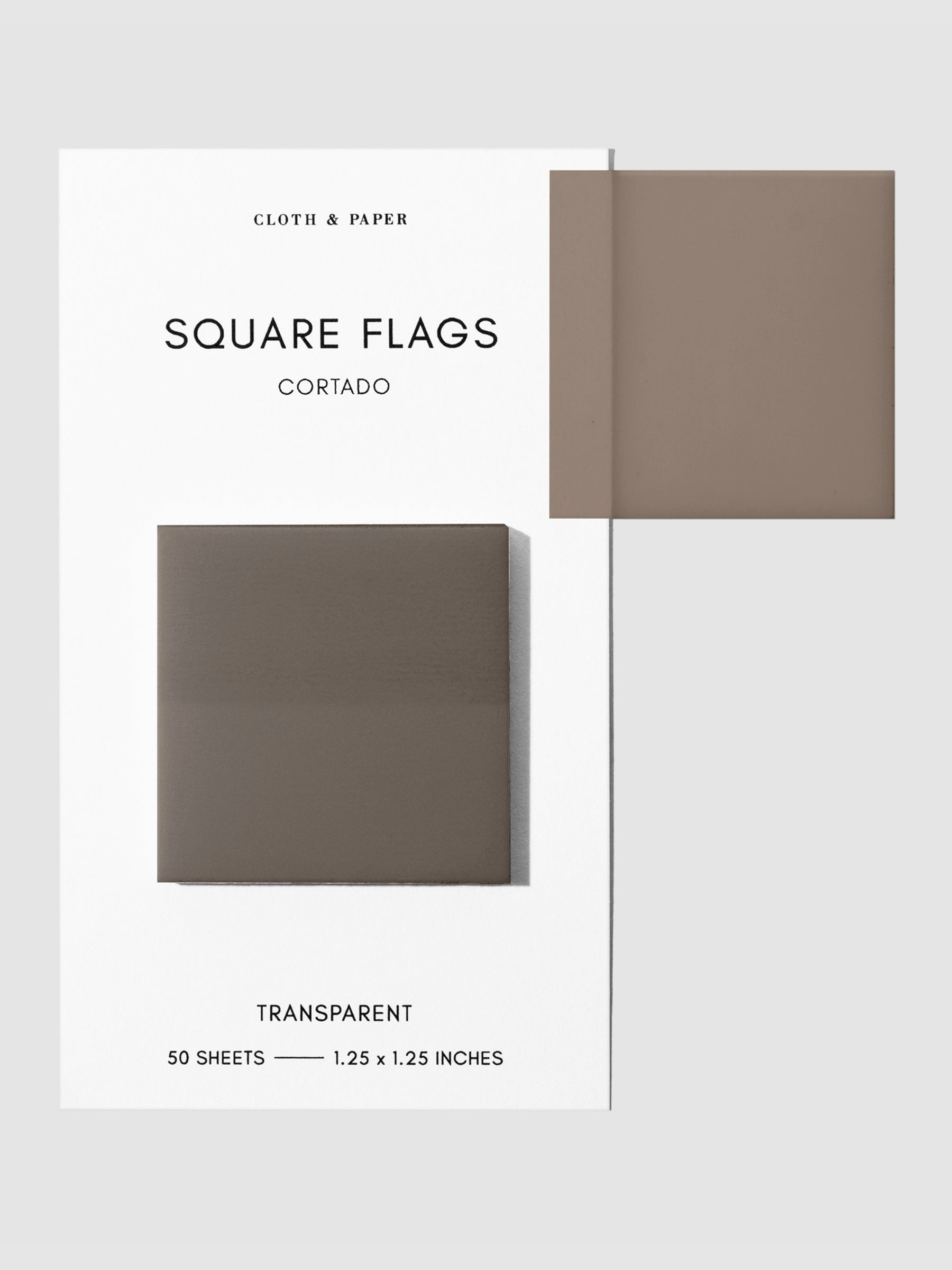 Square Page flag on their backing with one flag removed and attached to the backing to show its transparency. Color shown is Cortado.