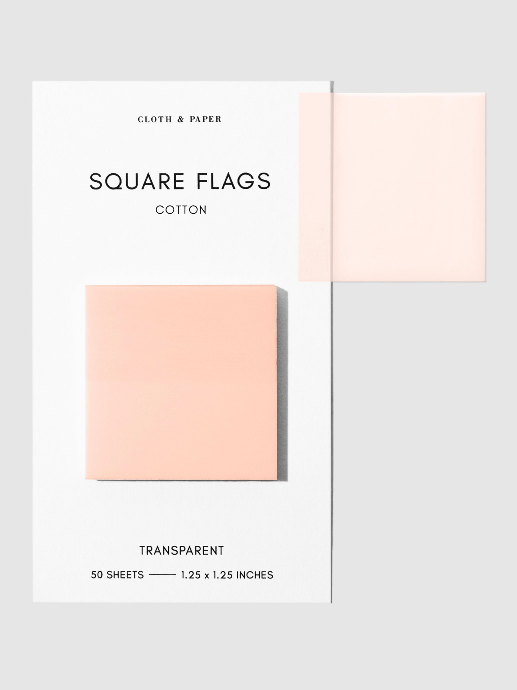 Square Page flag on their backing with one flag removed and attached to the backing to show its transparency. Color shown is Cotton.