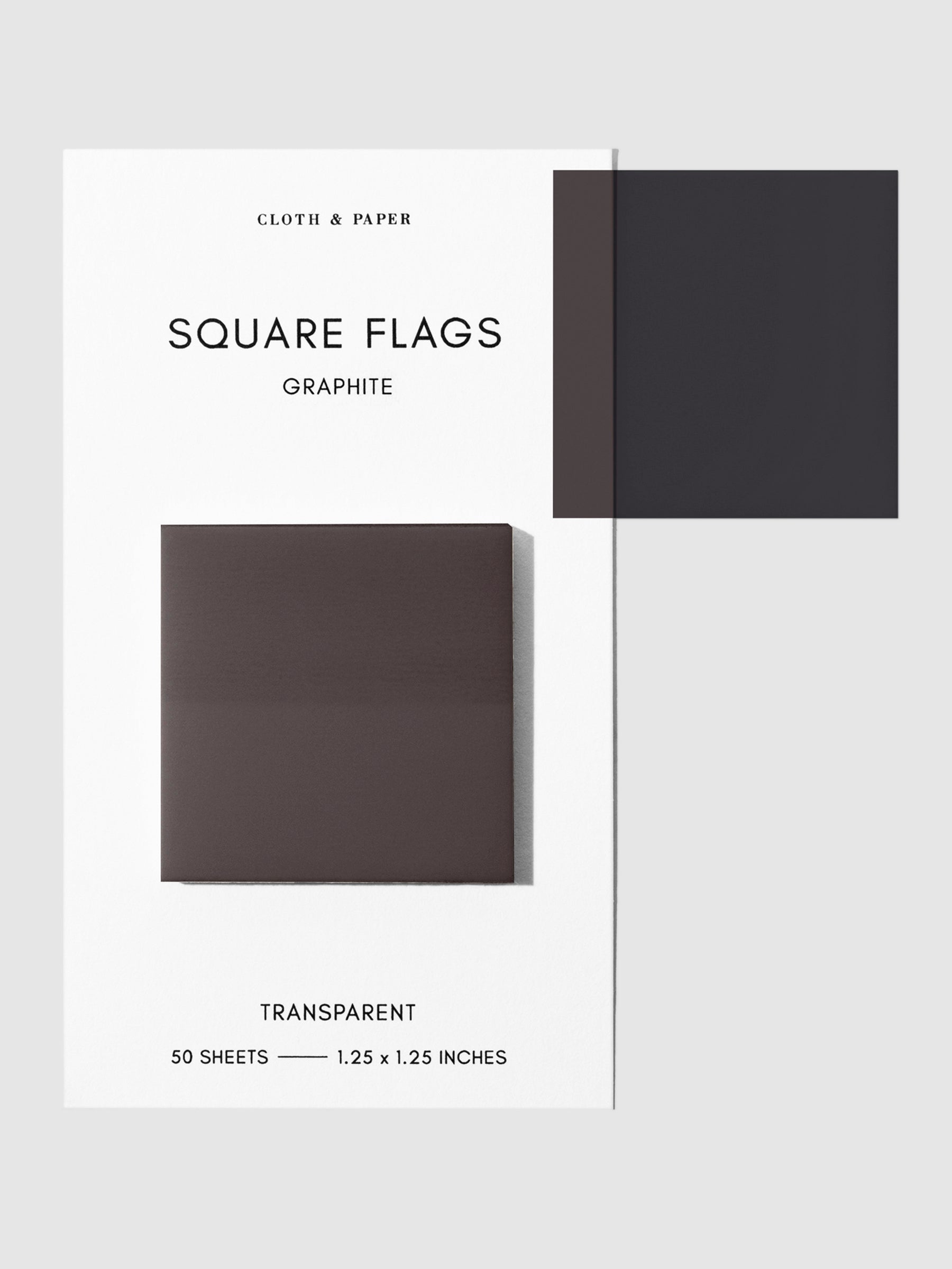 Square Page flag on their backing with one flag removed and attached to the backing to show its transparency. Color shown is Graphite.