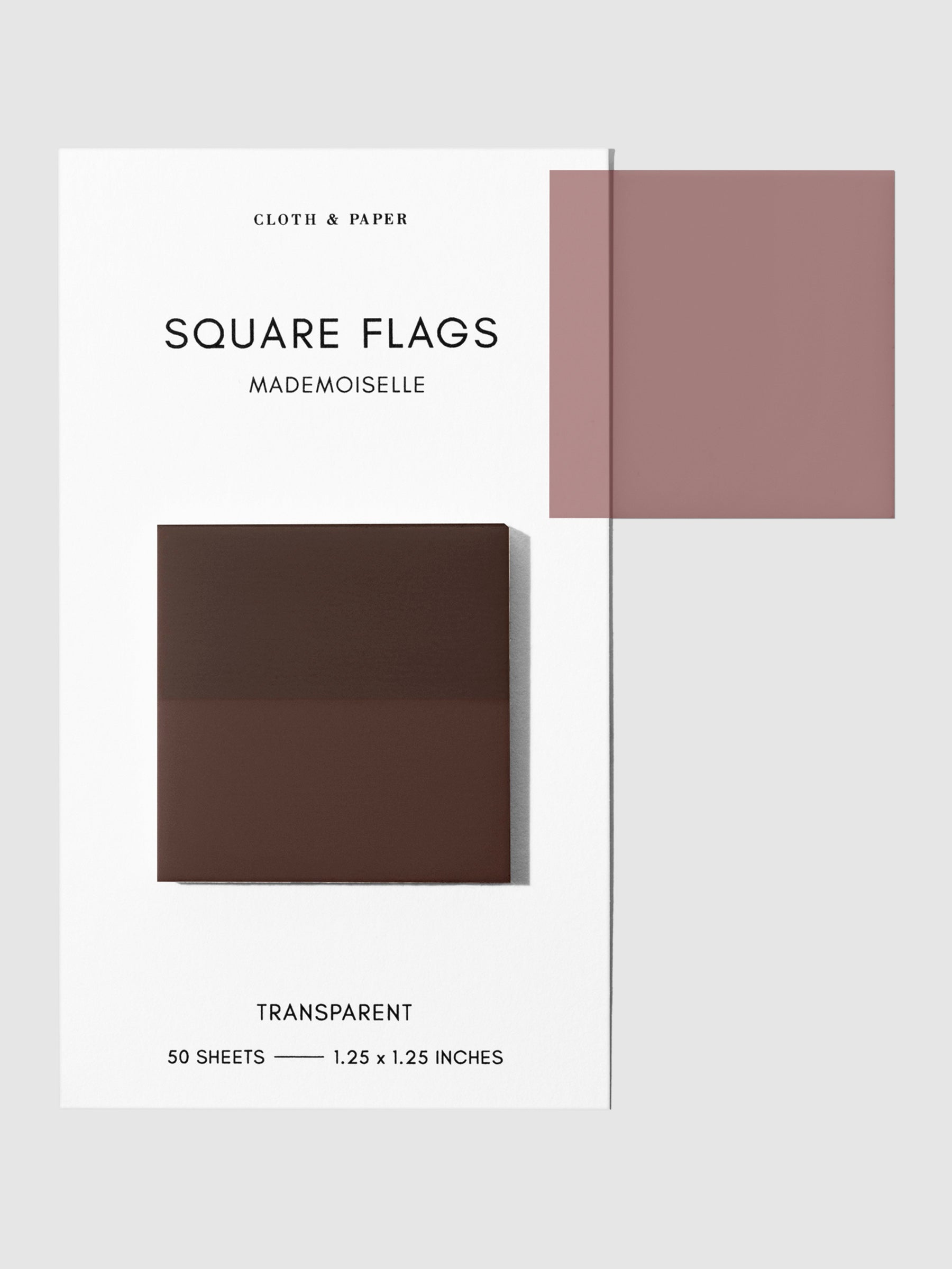 Square Page flag on their backing with one flag removed and attached to the backing to show its transparency. Color shown is Mademoiselle.