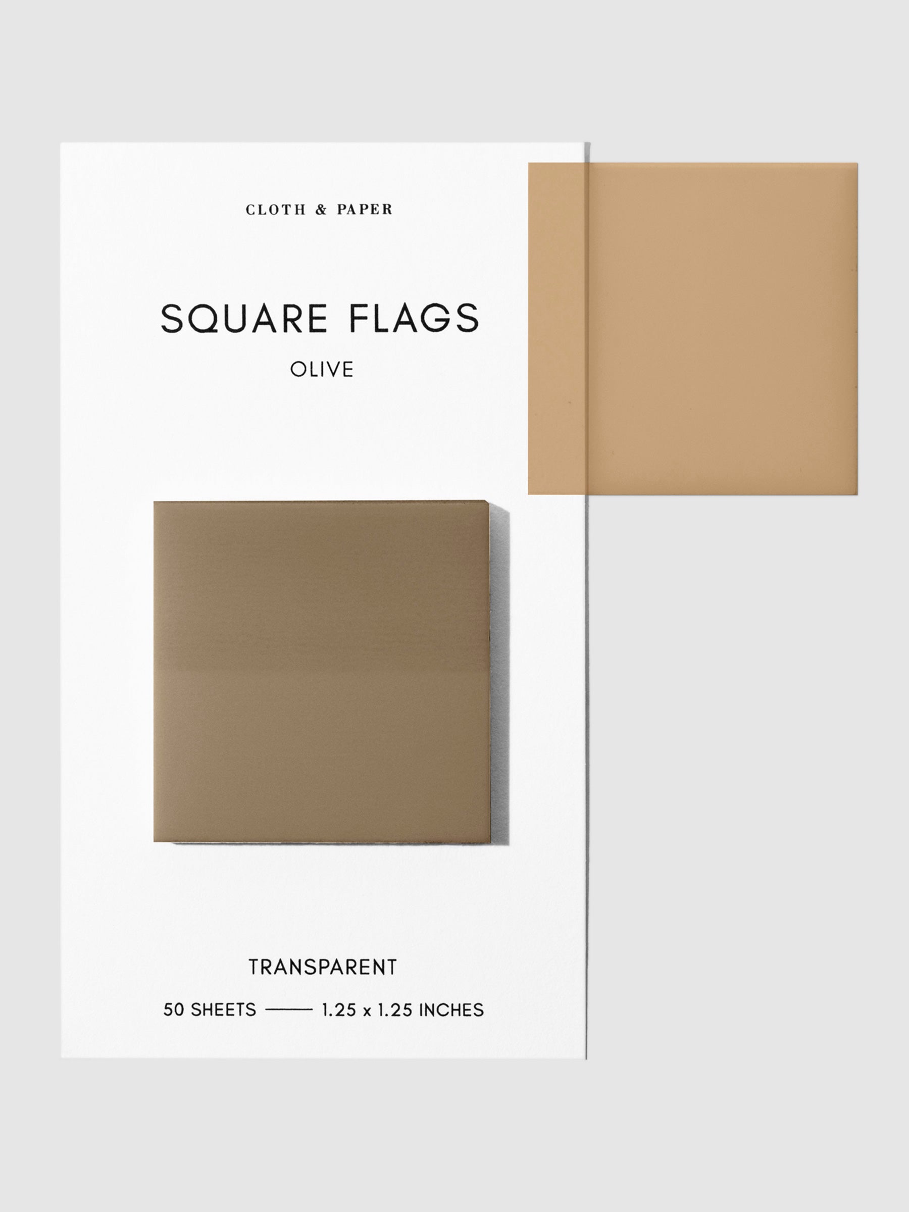 Square Page flag on their backing with one flag removed and attached to the backing to show its transparency. Color shown is Olive.