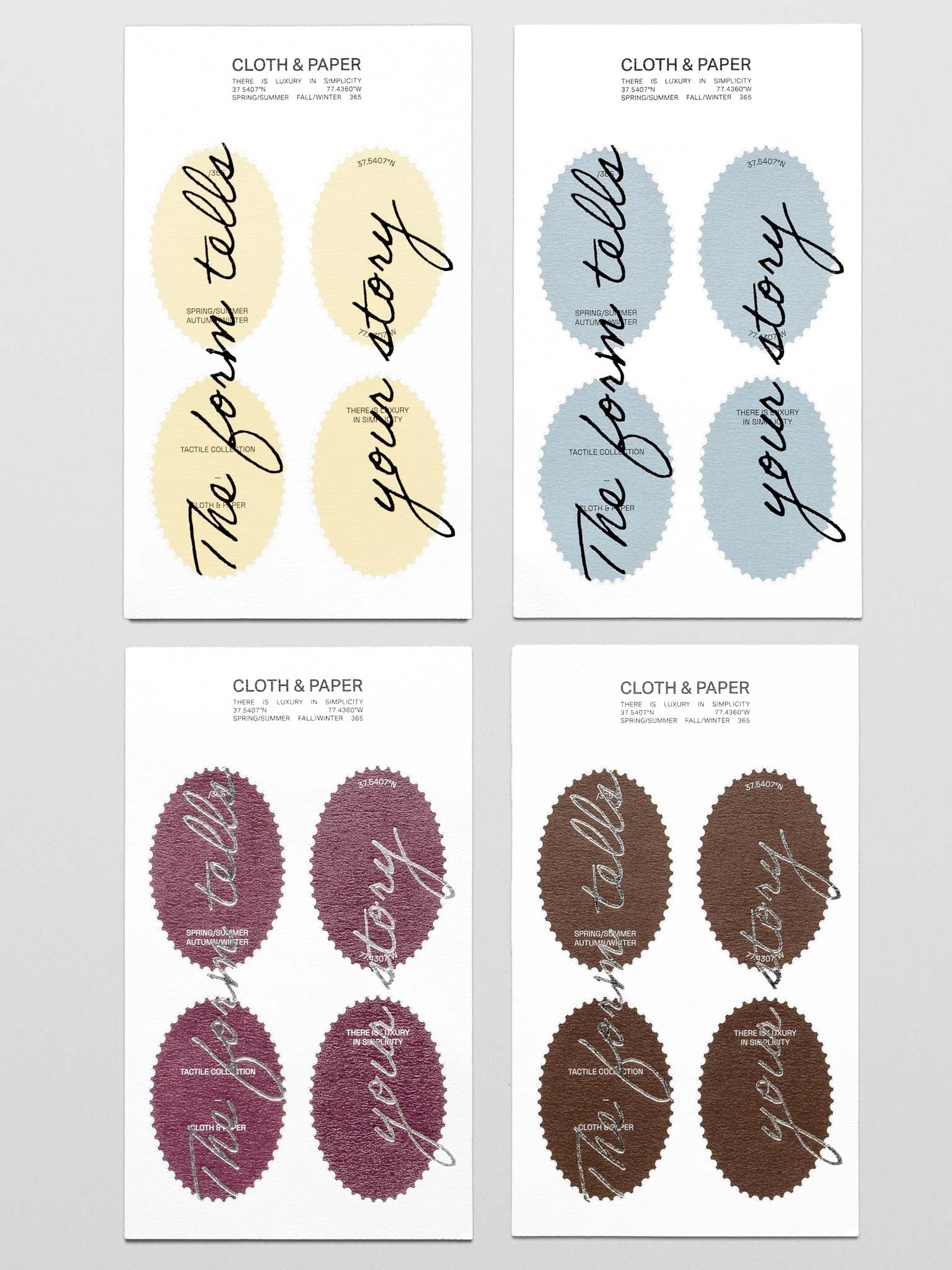 Four sheets of four stickers, each in a unique color, in a oval stamp shape with script design. From left to right, top to bottom, the colors are light yellow, light blue, burgundy, and brown.