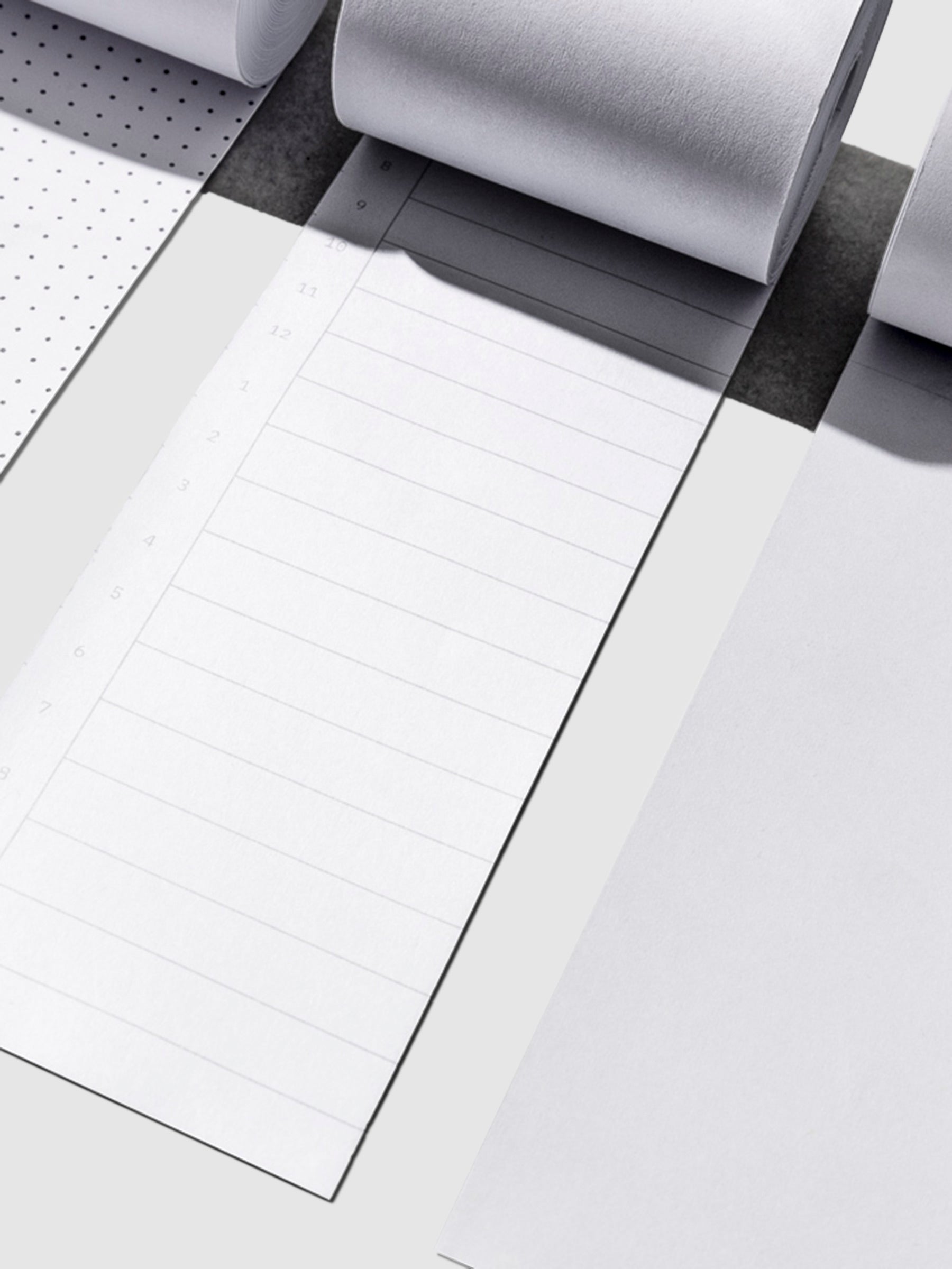 From left to right, the image shows a close-up of the dot grid task roll, the time block task roll, and the blank task roll.