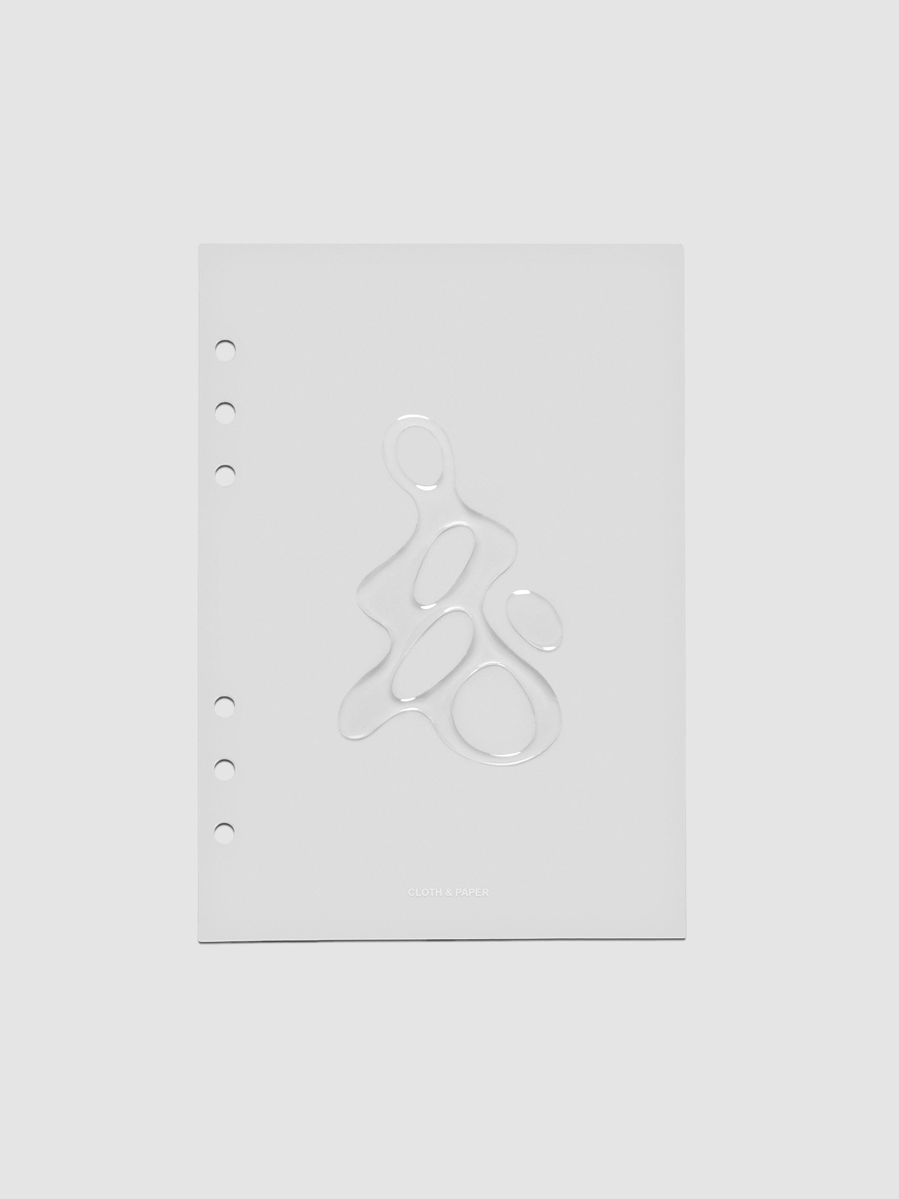 Light grey, semi-transparent, and glossy plastic planner dashboard with organic raised shape design in size A5 on a neutral background.