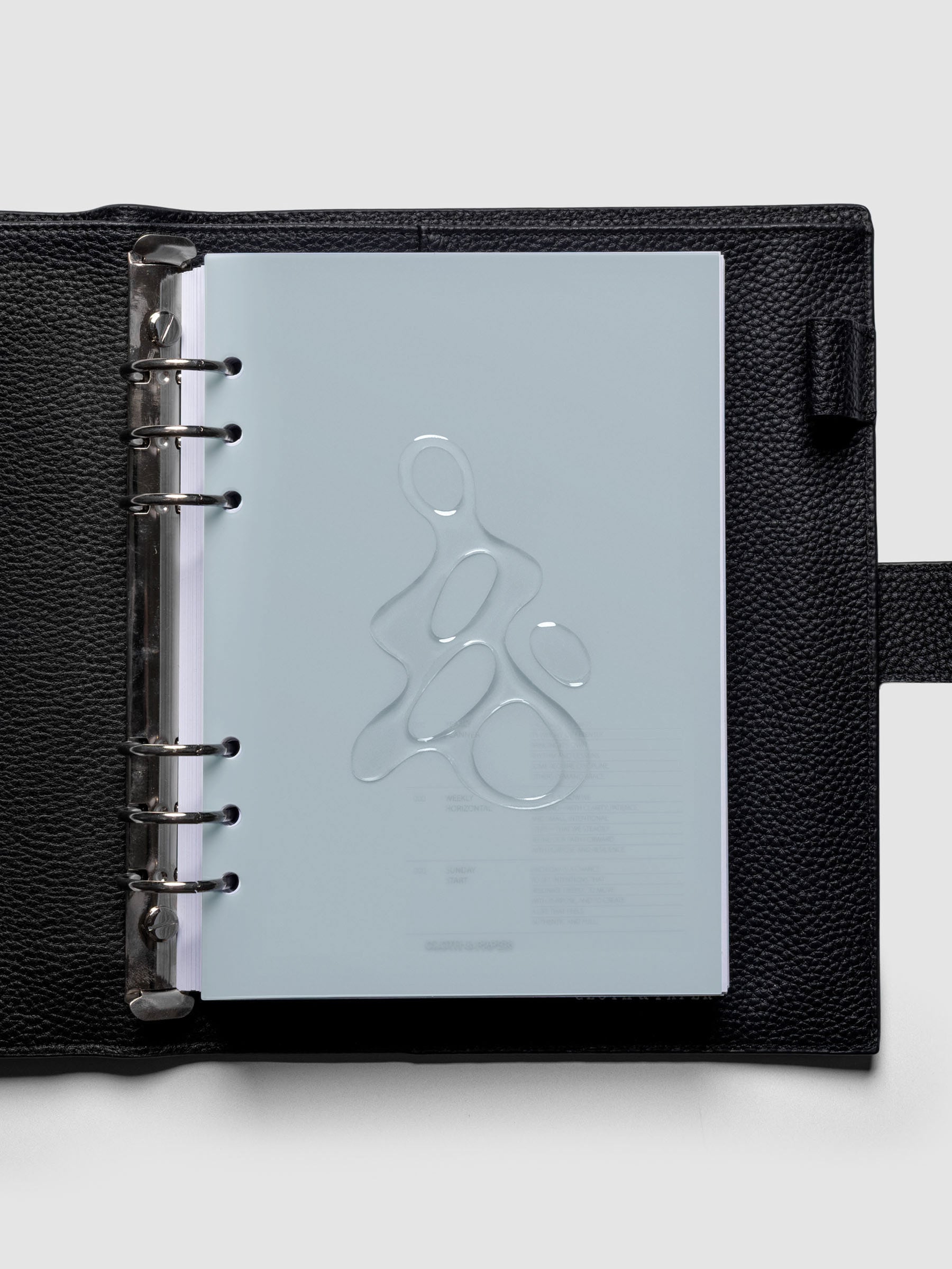 Light blue, semi-transparent, and glossy plastic planner dashboard with organic raised shape design in size A5 shown ringbound in a black leather agenda.