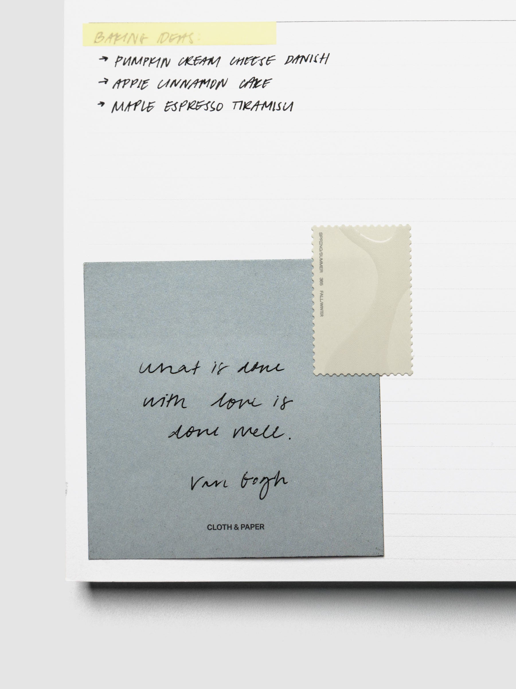 Planner insert with handwritten notes and a sticky note attached with a Stamp Sticker | Gloss Form in an off-white color.