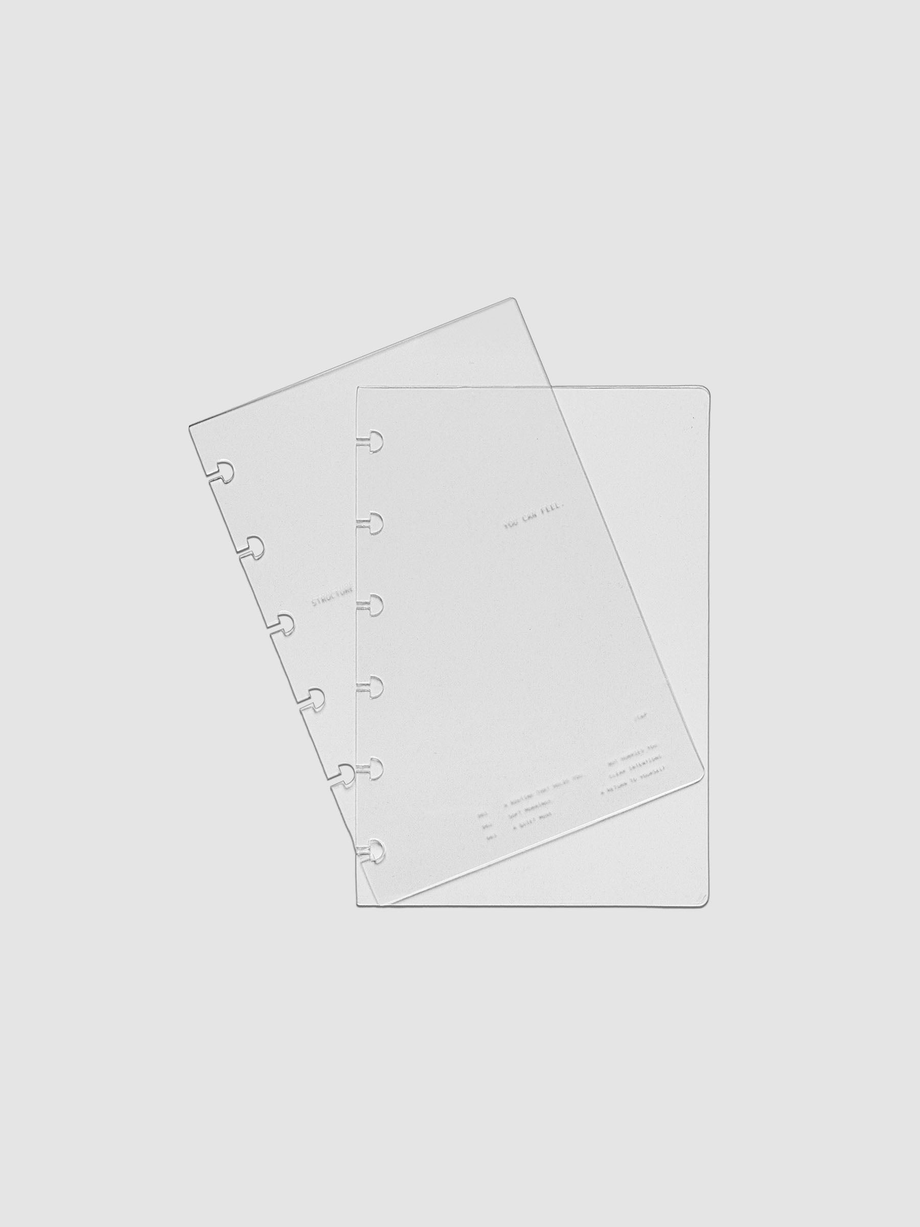 CP Petite sized crystal clear plastic planner cover set with text printed on the cover on the theme of structure and routines.