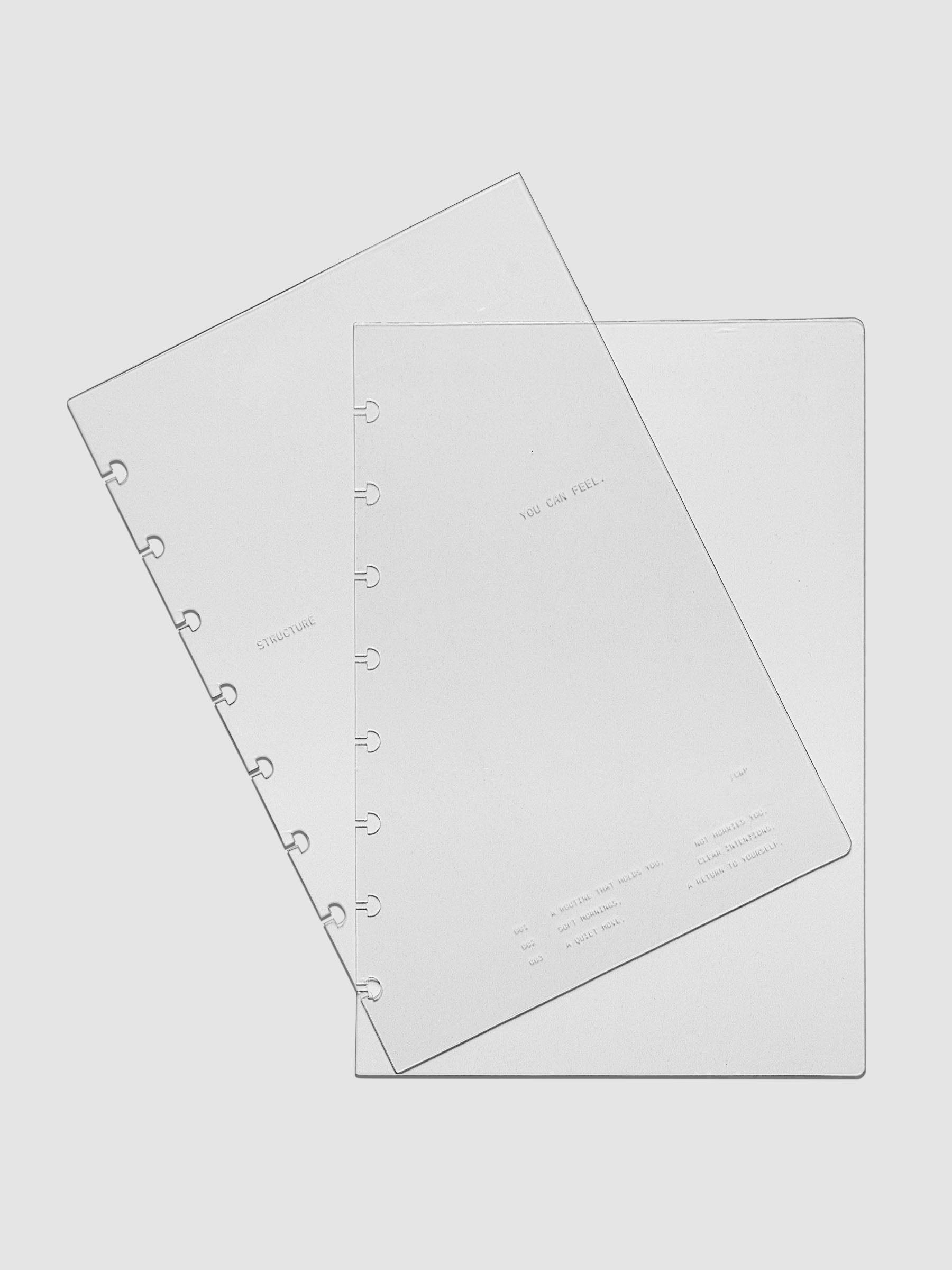 Half Letter sized crystal clear plastic planner cover set with text printed on the cover on the theme of structure and routines.