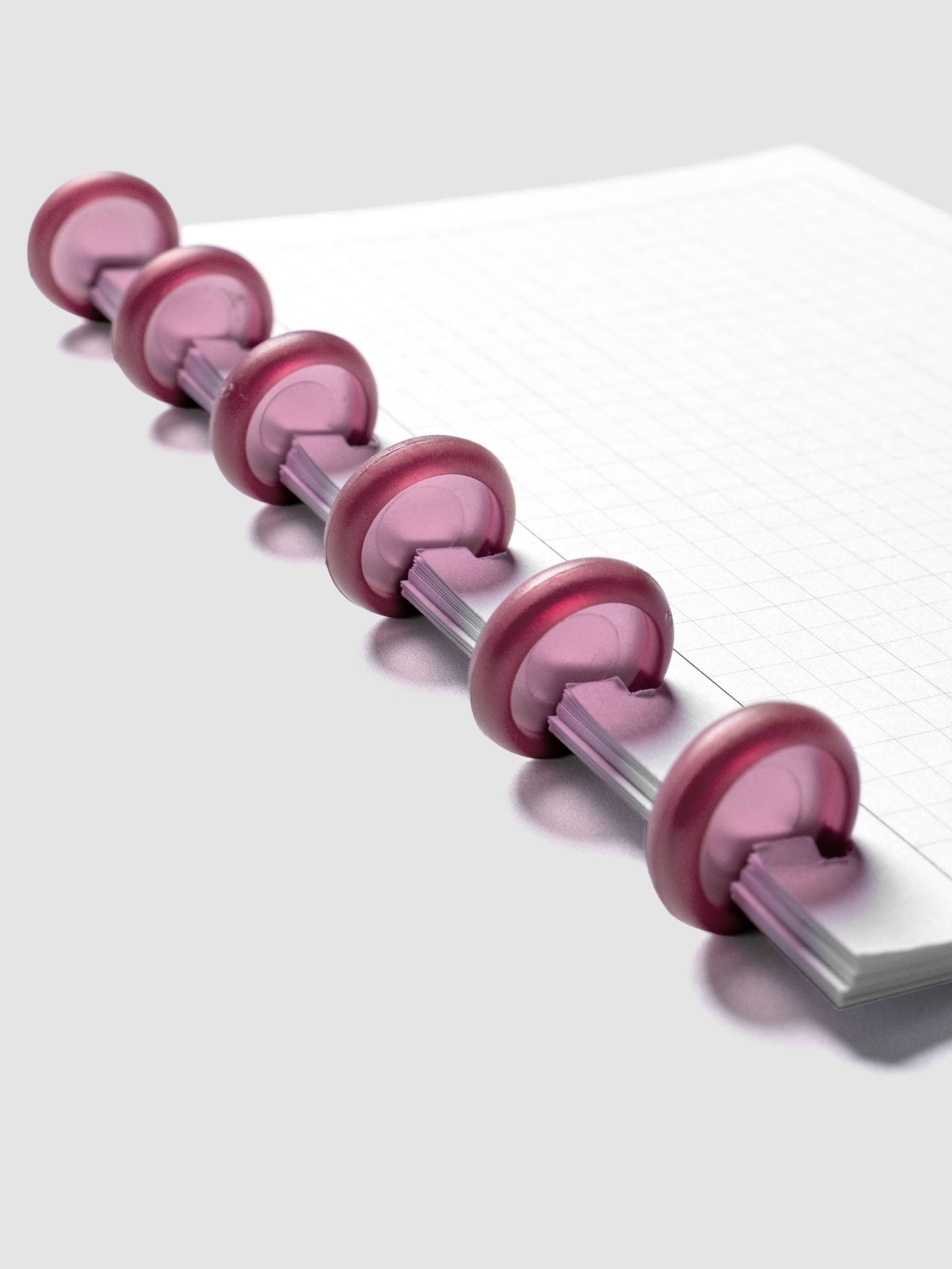 Planner Inserts in size CP Petite fitted onto Transparent Planner Discs | Bordeaux in size 0.75 in shown at an angle.