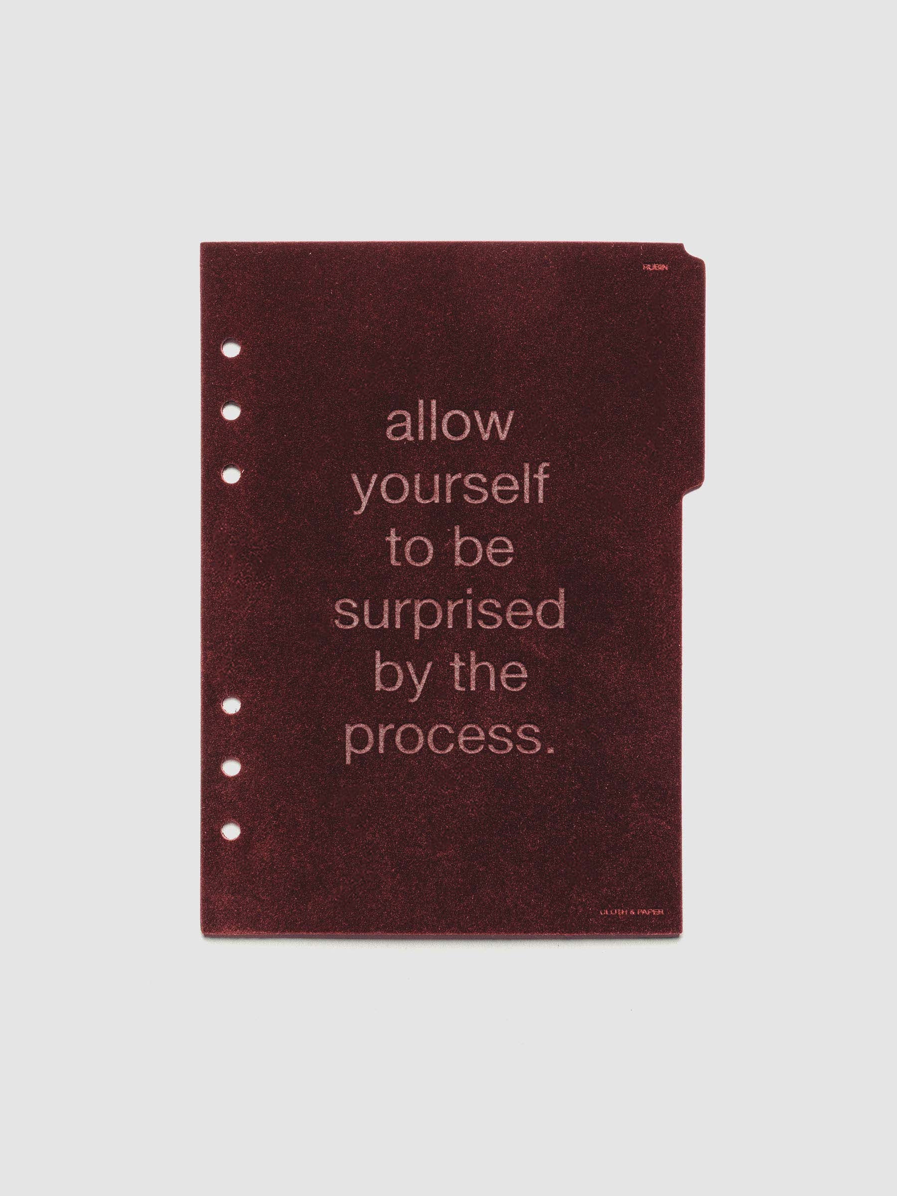 First velvet side tab planners dividers in the color Bordeaux with text deboss design reading "allow yourself to be surprised by the process" in size A5.
