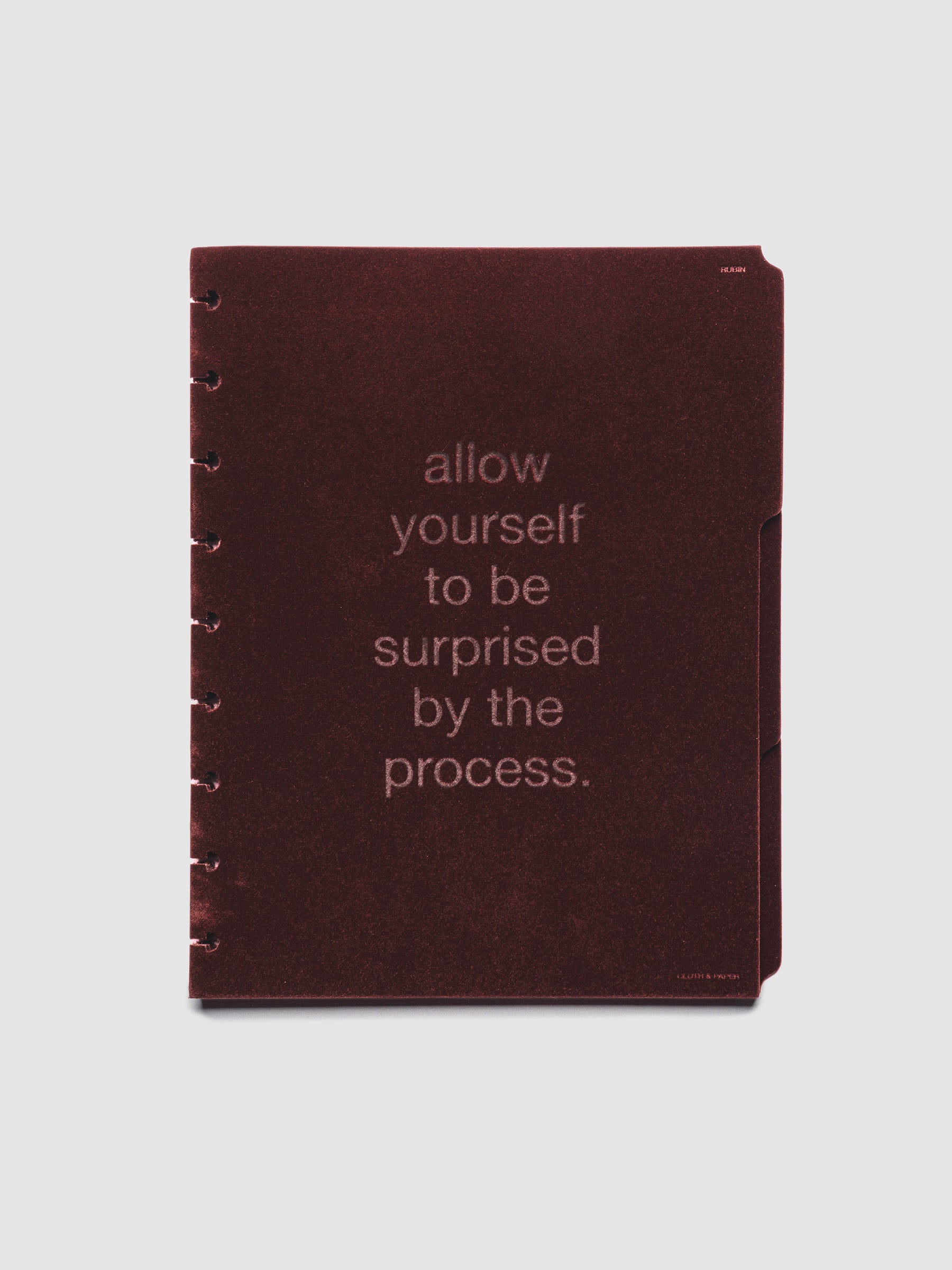 Three velvet side tab planners dividers in the color Bordeaux with text deboss designs shown in size HP Classic.